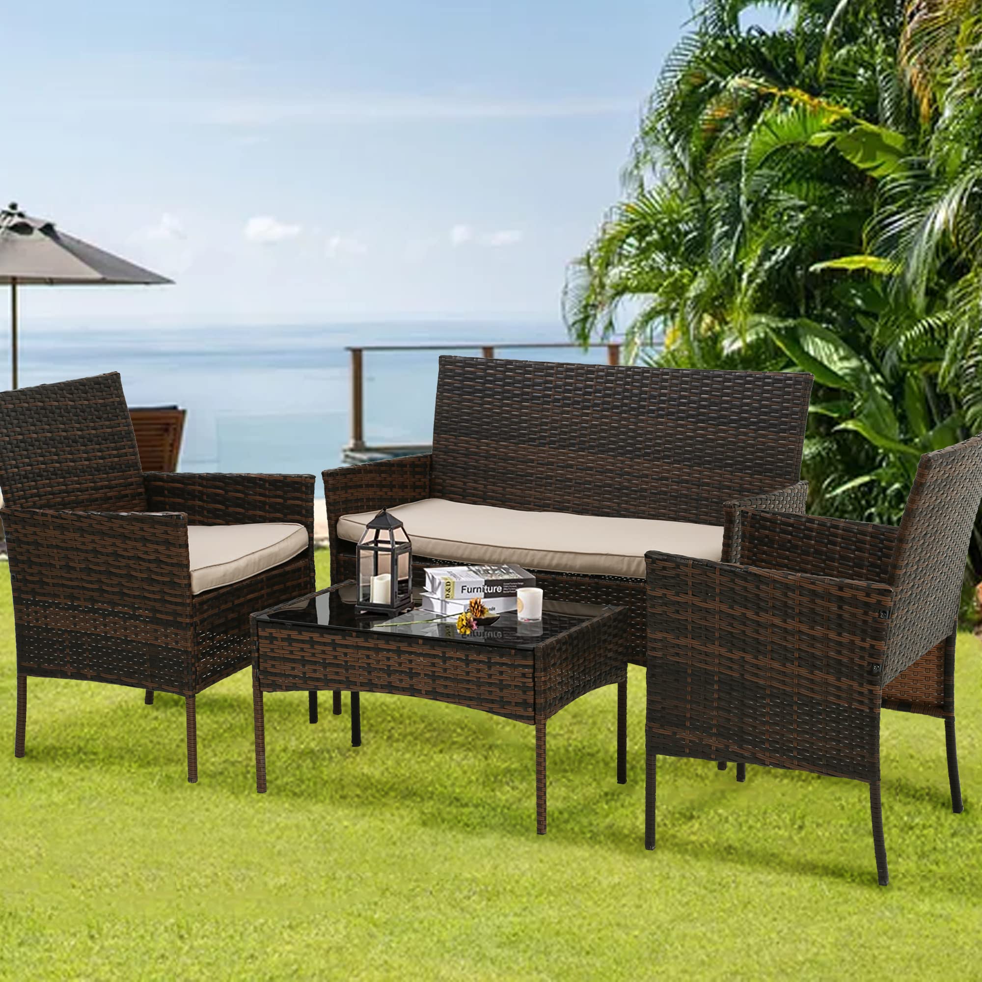 BestOffice 4-Piece Rattan Patio Furniture Set - Indoor/Outdoor Wicker Loveseat with Table & Beige Cushions - Perfect for Backyard, Garden, Porch, Balcony or Lawn Conversation Area (Brown)