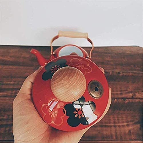 Stainless Steel Whistling Tea Kettle 2.5L - Enamel Stovetop Teapot with Wooden Handle & Floral Pattern (Red) - Perfect for Home, Kitchen, Office & Tea Lovers