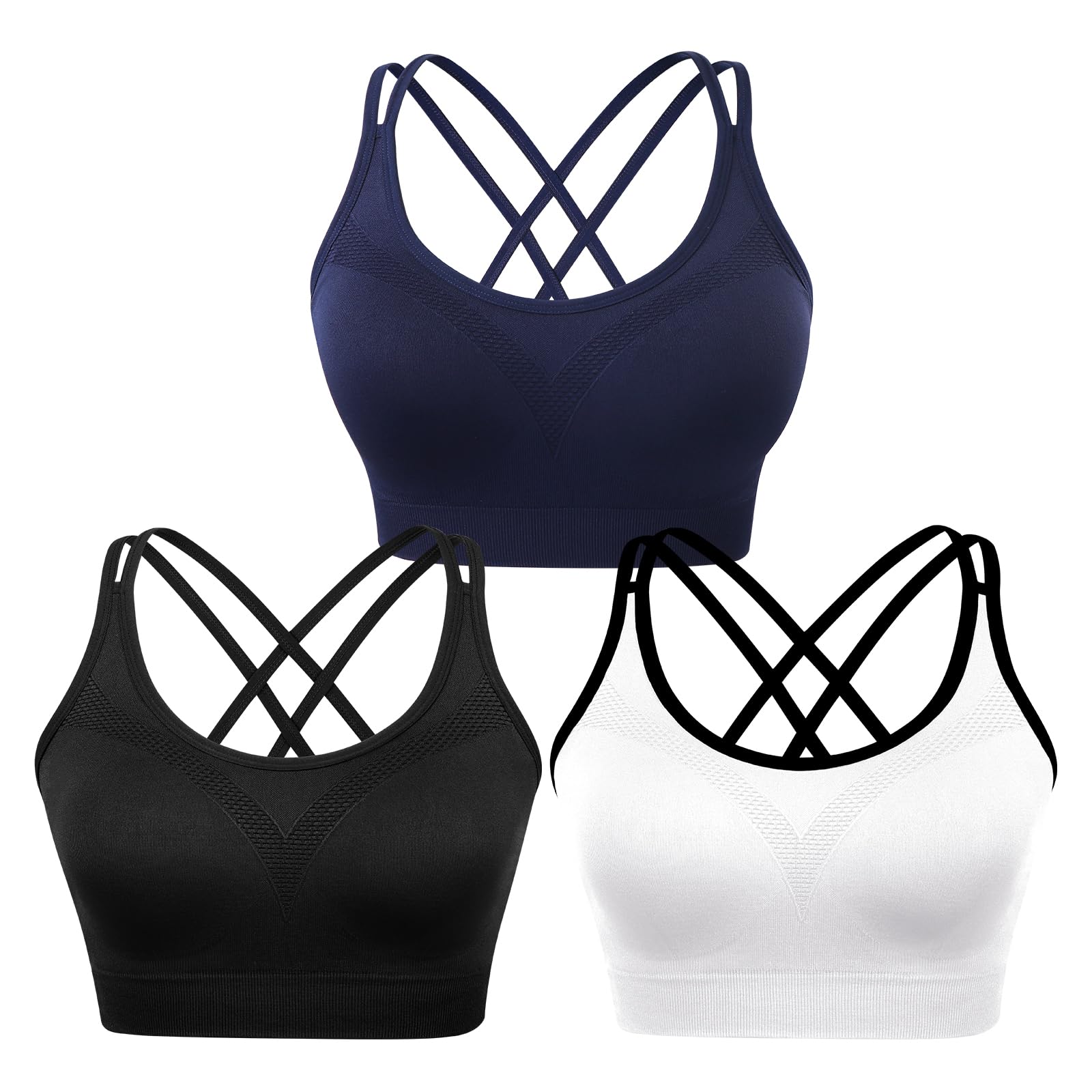 WOYYHO Women's Cross Back Sports Bra - Padded Strappy Yoga Bra with Medium Support for Gym, Fitness & Workout - 3 Pack - Perfect for Running, Yoga & High-Intensity Training