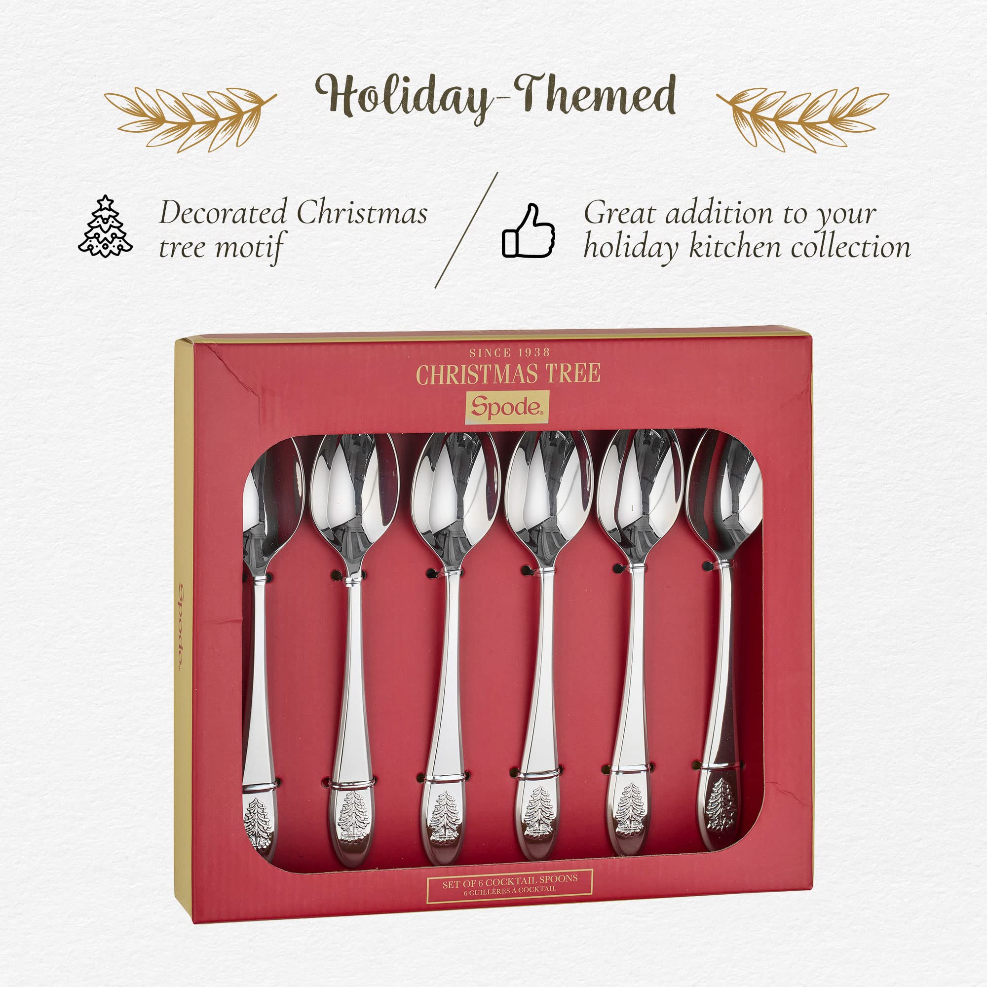 Spode Christmas Tree Cocktail Spoons - 6-Piece Festive Flatware Set - 18/10 Stainless Steel Dessert Spoons for Holiday Parties, Perfect for Custards, Puddings, Cakes & Christmas Treats - Dishwasher Safe - Ideal for Holiday Entertaining & Gift Giving