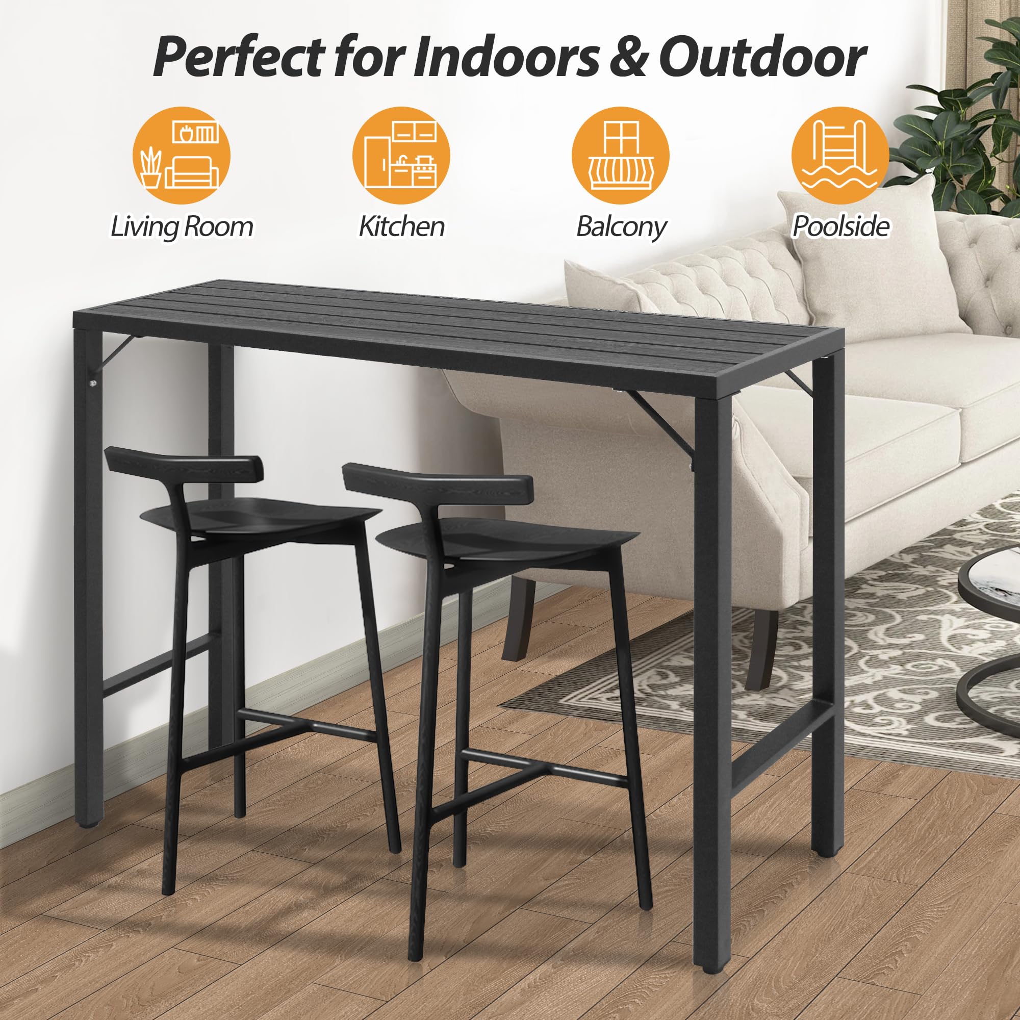 55 Inch Outdoor Bar Table - Patio Bar Height Counter with Waterproof Top for Balcony, Garden, Yard & Poolside - Black Pub Dining Table for Outdoor Entertaining & Relaxation