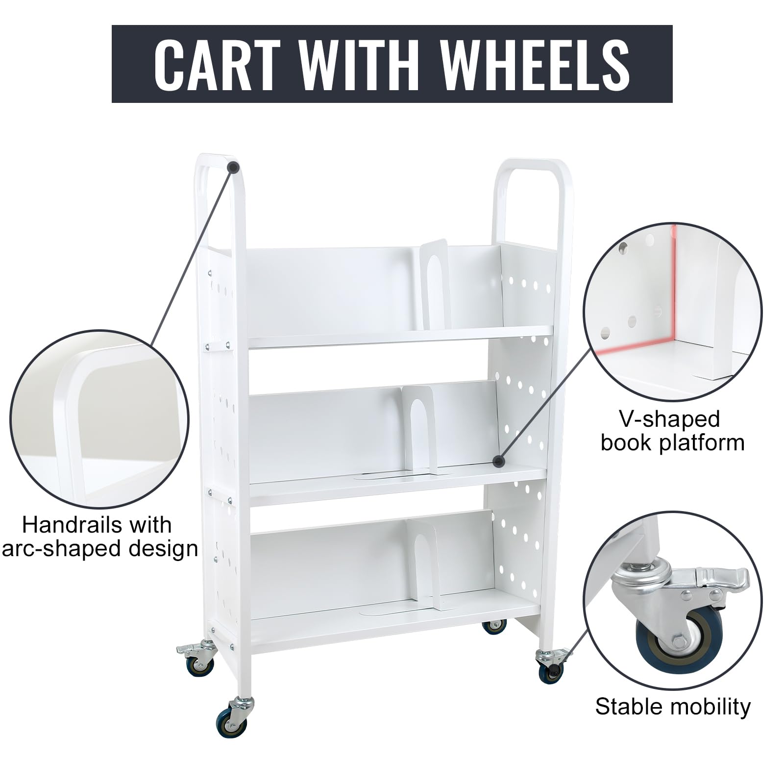 3-Shelf Rolling Book Cart with Lockable Wheels - V-Shaped Single-Sided Library Cart for Home, Office & School - White | Perfect for Book Storage, Classroom Organization & Mobile Shelving Solutions