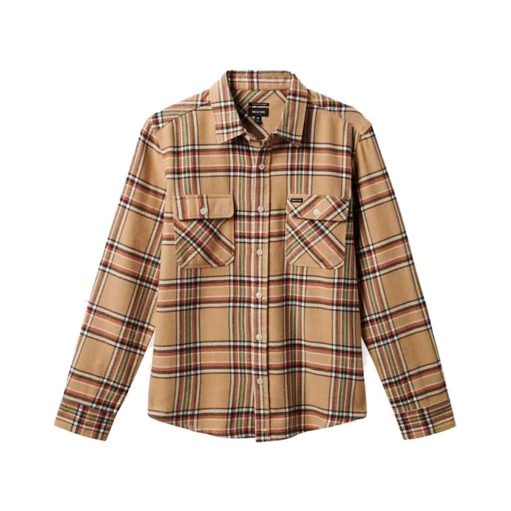 Brixton Bowery Long Sleeve Flannel Shirt - Sand, Off White, Terracotta Plaid - Casual Fall & Winter Wear for Men
