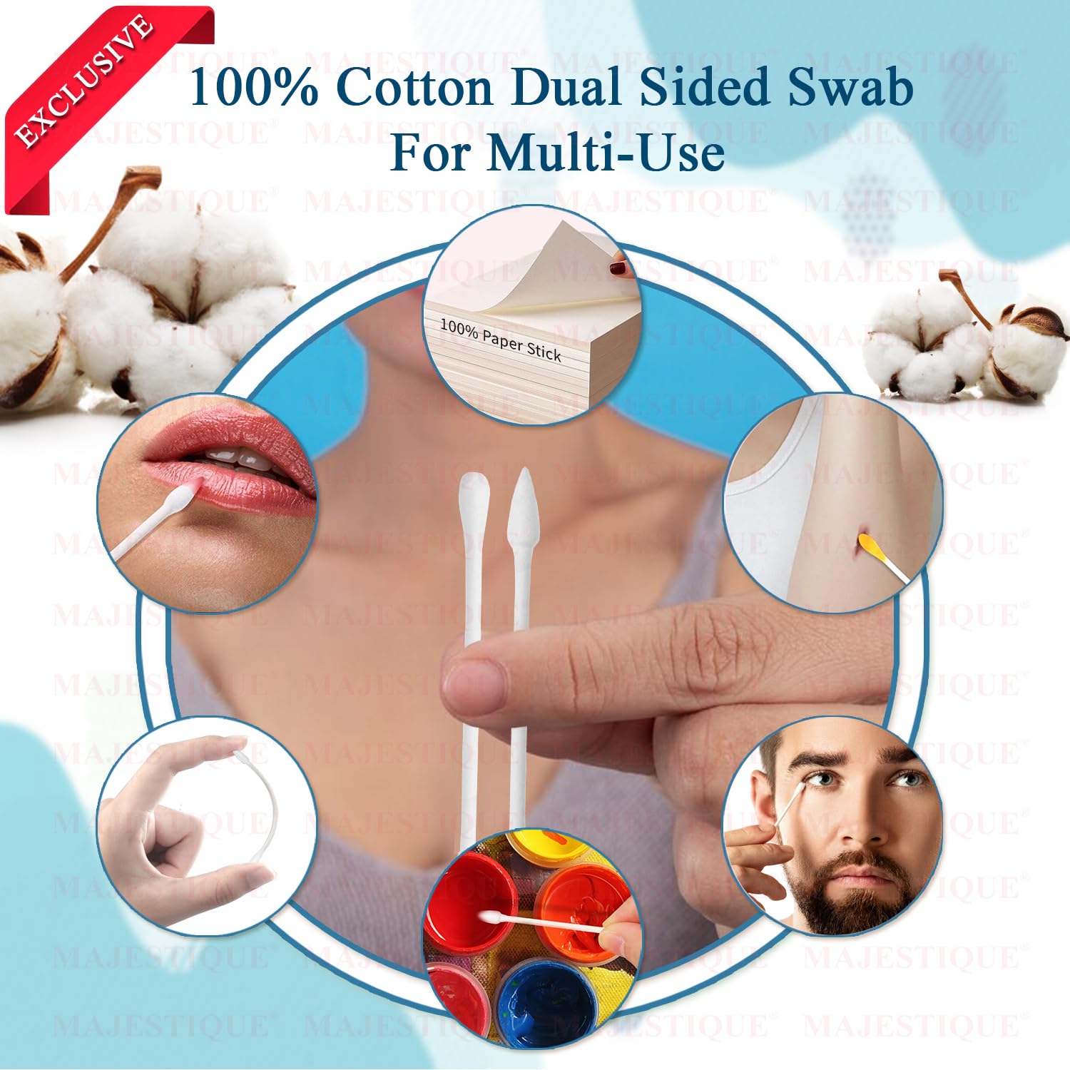 Majestique Cotton Swabs 200 Count - Soft & Gentle Paper Sticks for Ear Cleaning, Makeup Application, Nail Polish Removal - Ideal for Beauty, First Aid & Household Use - White (Pack of 1)