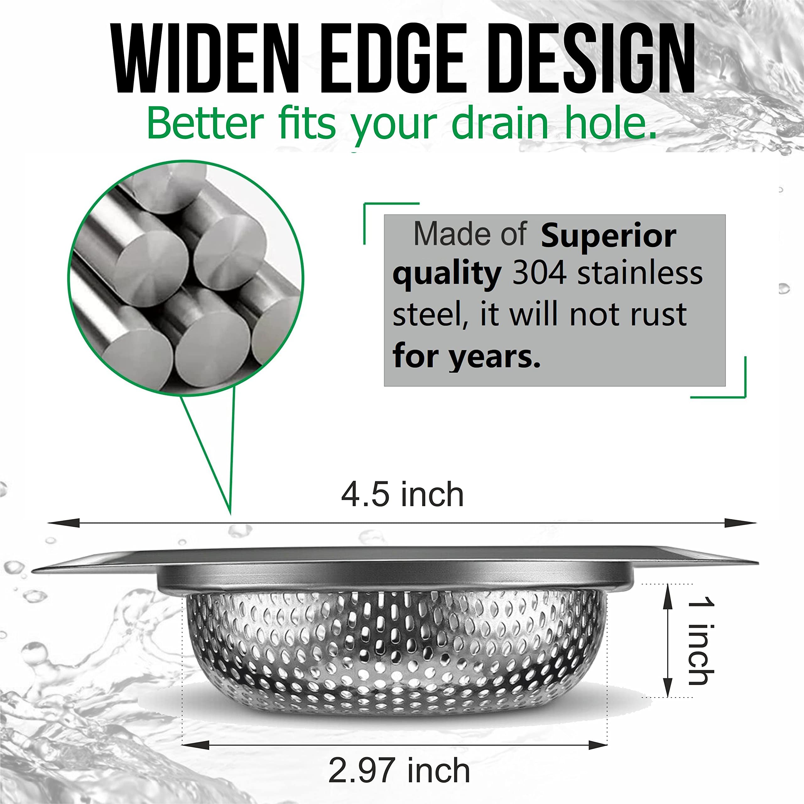 2PCS 304 Stainless Steel Sink Drain Strainer - Rustproof Kitchen Sink Strainer Basket with Large 4.5