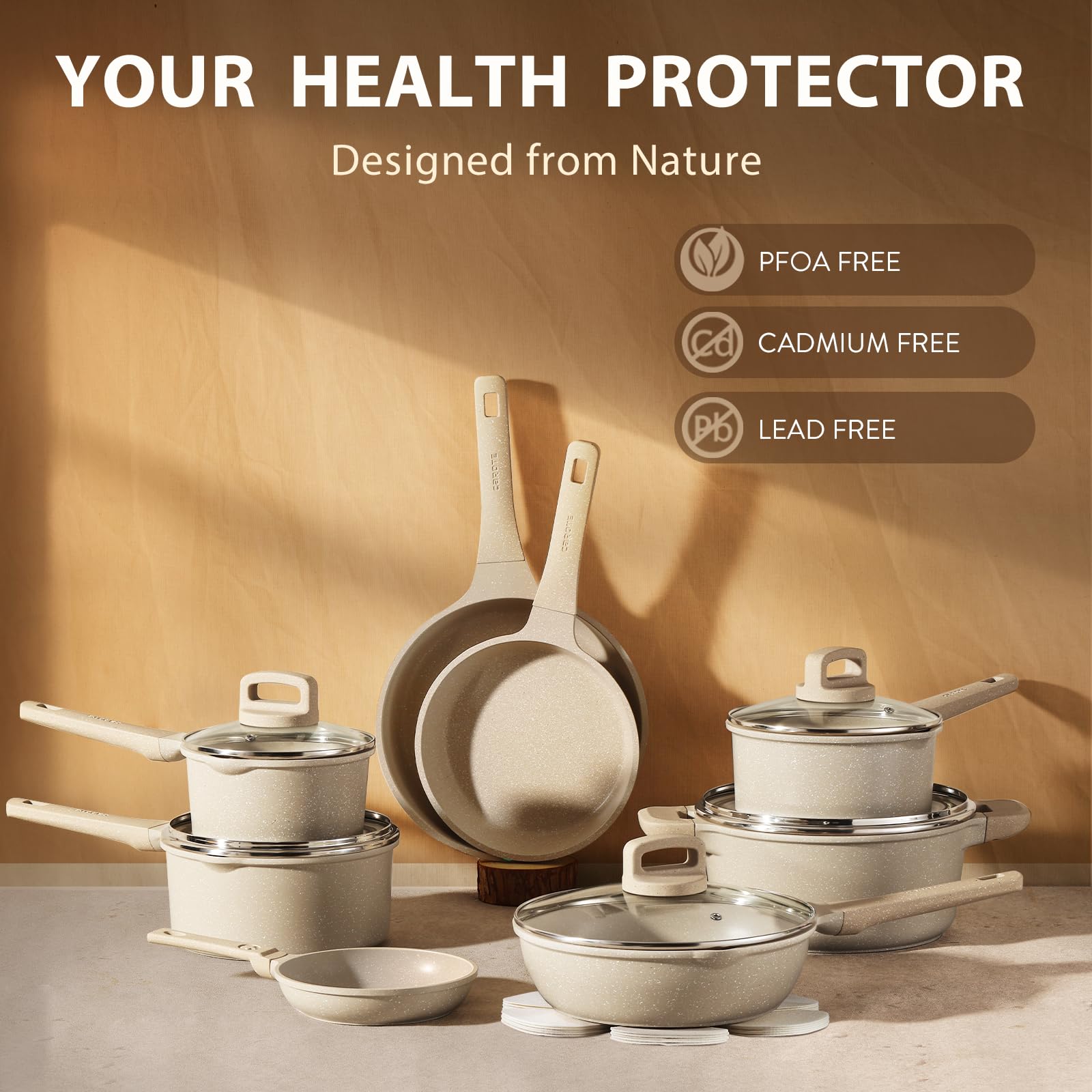 CAROTE 13-Piece Nonstick Cookware Set - Taupe Kitchen Pots & Pans with Induction Compatibility | Large Capacity Frying Pans & Essential Cookware for Home Cooking, Meal Prep & Family Dinners