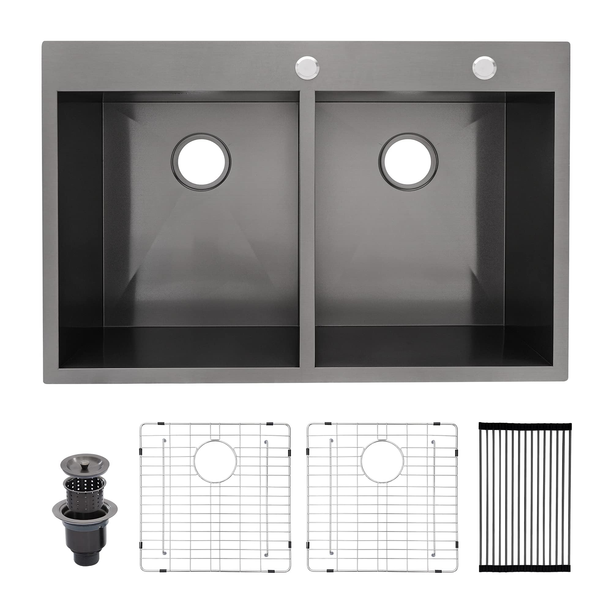 33 Inch Drop-in Double Bowl Kitchen Sink - 18-Gauge Stainless Steel Topmount with Nano Gunmetal Black Finish - Includes Accessories & Dual Faucet Holes - Perfect for Modern Kitchens, Restaurants & Home Renovations