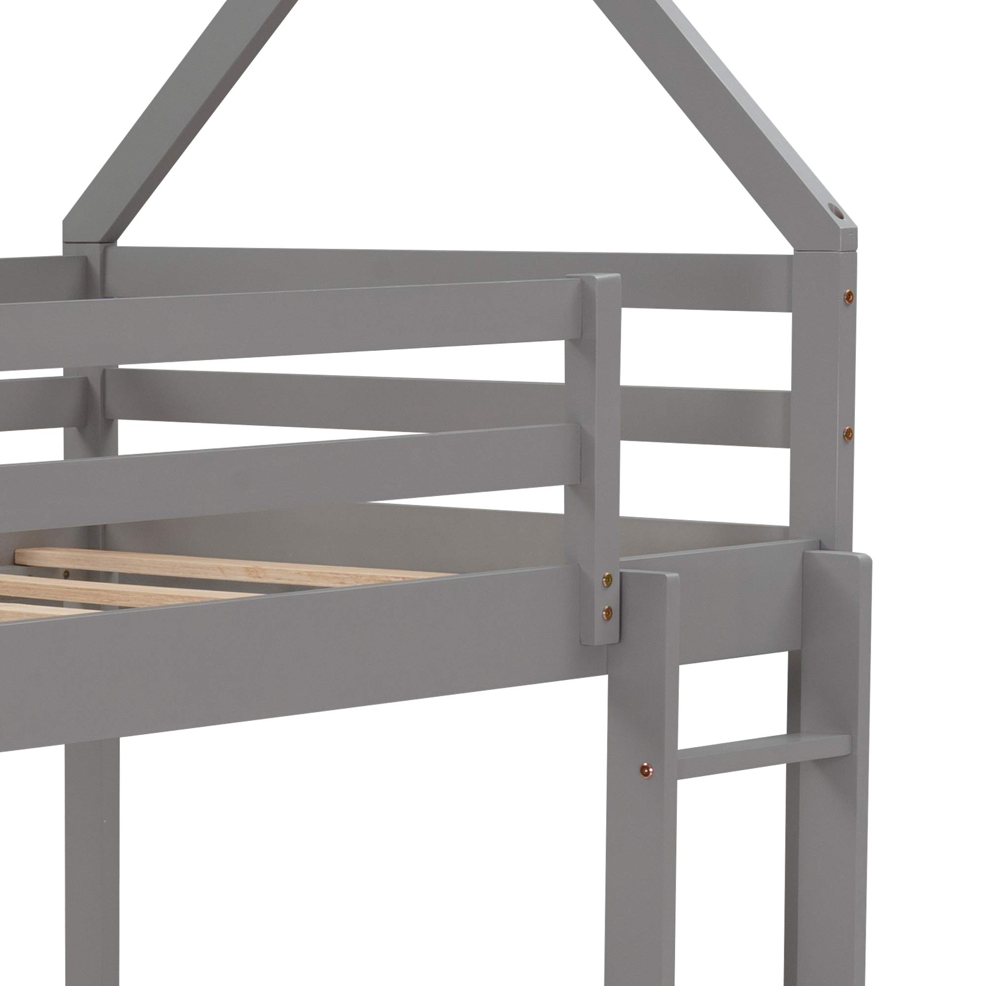 Twin Over Twin Low Bunk Bed Frame with Ladder & Guardrail - Sturdy Wood House Design for Kids & Teens - No Box Spring Needed (Gray + Pine) - Perfect for Small Bedrooms, Dorms, and Shared Kids' Rooms