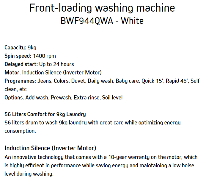 Brandt BWF944QWA Front Load Washing Machine - Energy Efficient 9kg Capacity with Quick Wash for Apartments & Small Homes