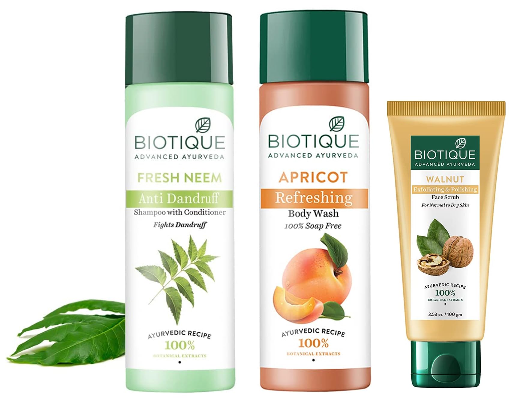 Biotique Bio Apricot Refreshing Body Wash 190ml, Walnut Exfoliating Face Scrub 100g for Normal to Dry Skin, Bio Neem Margosa Anti-Dandruff Shampoo & Conditioner 190ml - Natural Skincare & Haircare Bundle for Daily Cleansing, Exfoliation & Scalp Care