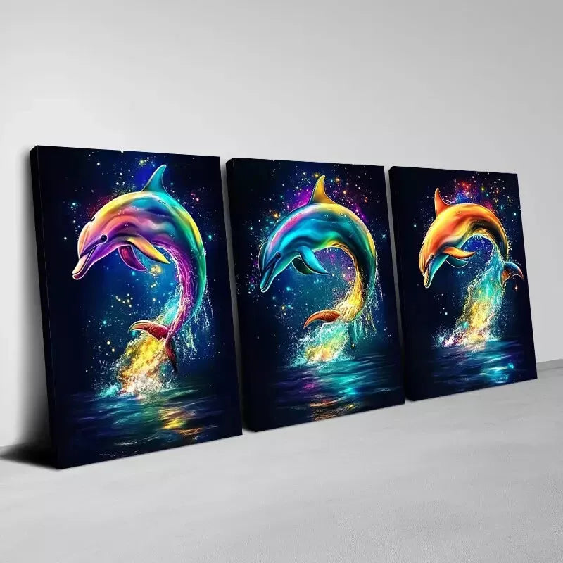 3-Piece Colorful Dolphin Wall Art Set - Framed Canvas Prints 50x70cm (20x28in) - High Quality Australian Made Ocean Decor - Perfect for Living Room, Bedroom & Beach House Decor