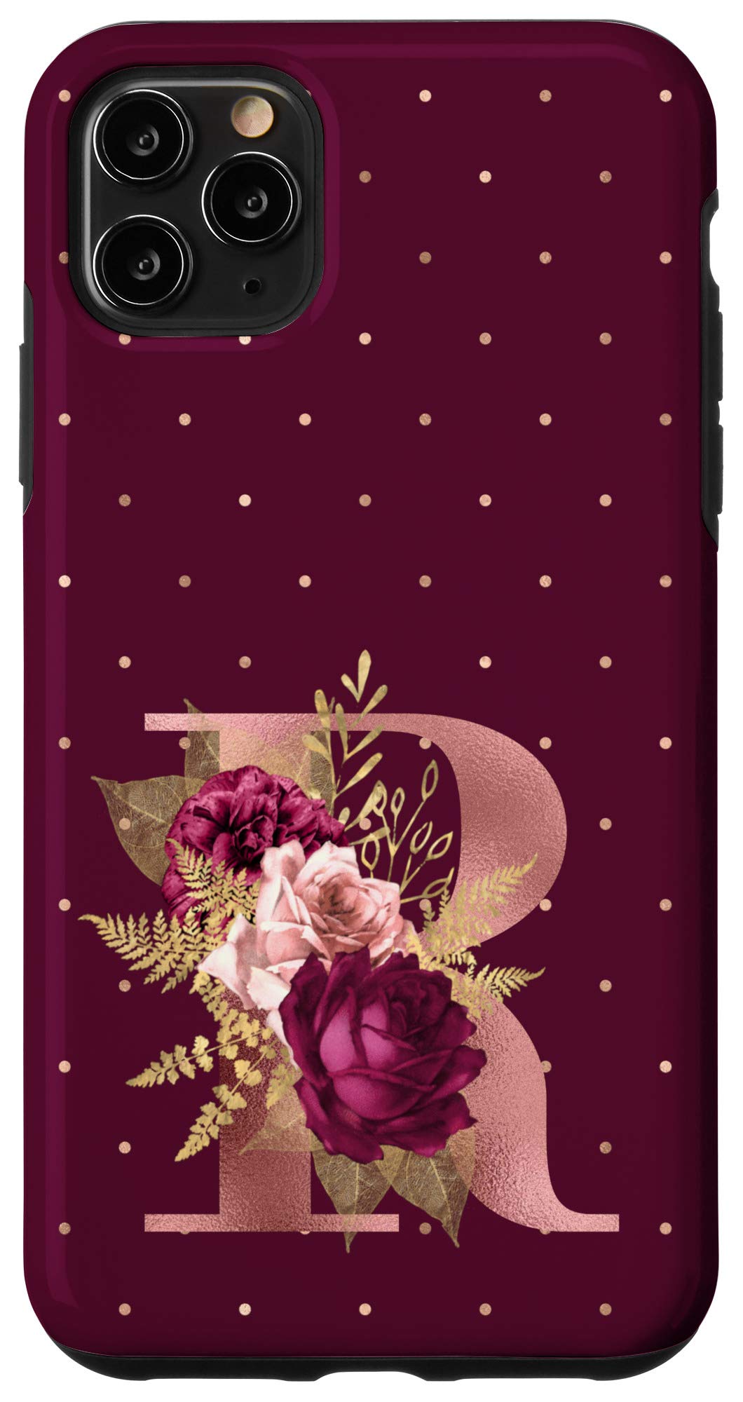 iPhone 11 Pro Max Case - Maroon Floral Design with Custom Initial Letter R Monogram & Blush Flowers | Perfect Gift for Women, Fashionable Phone Cover for Everyday Use