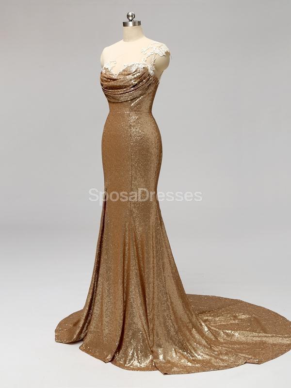 Gold Sequin One Shoulder Mermaid Long Bridesmaid Dresses for Weddings & Formal Events - Elegant Evening Gowns for Prom, Party & Special Occasions - WG596