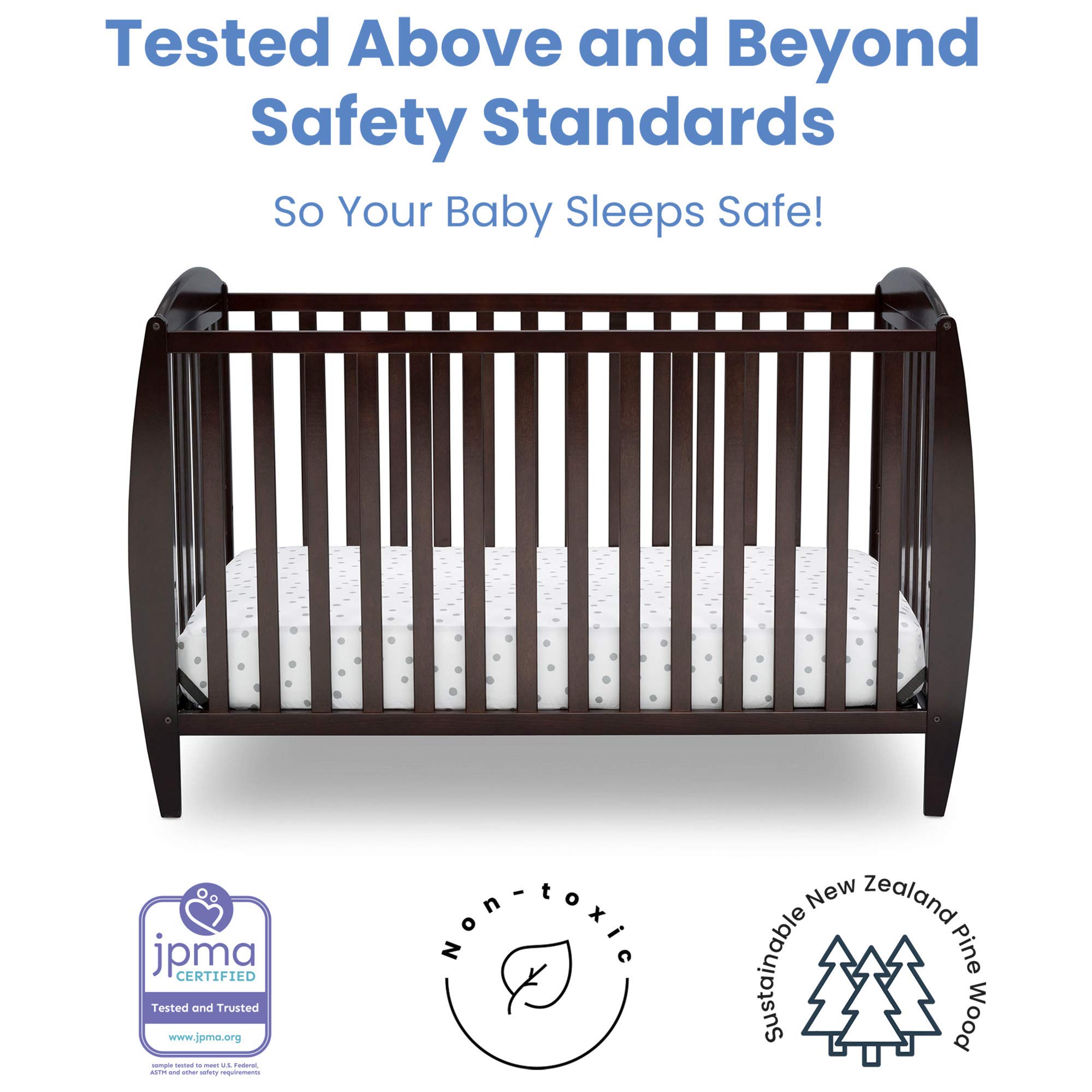 Delta Children Taylor 4-in-1 Convertible Baby Crib - Easy to Assemble, Sustainable New Zealand Pine Wood, JPMA Certified, Dark Chocolate Finish - Perfect for Nursery, Bedroom & Growing Toddlers