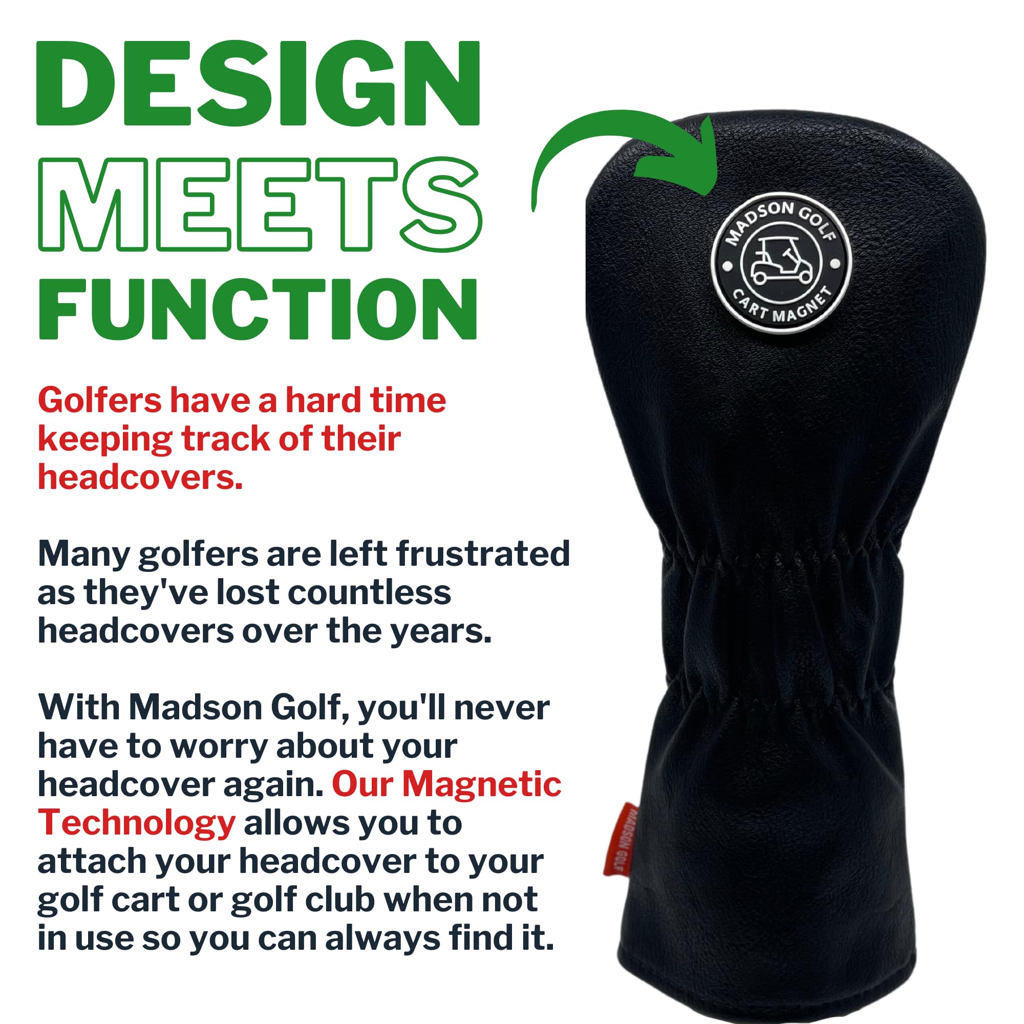 Madson Golf Cart Magnet Headcovers 3-Piece Set - Driver, Fairway Wood & Hybrid Club Head Covers with Secure Rubber Magnet for Quick Access | Perfect for Golf Course, Driving Range & Club Protection During Transport