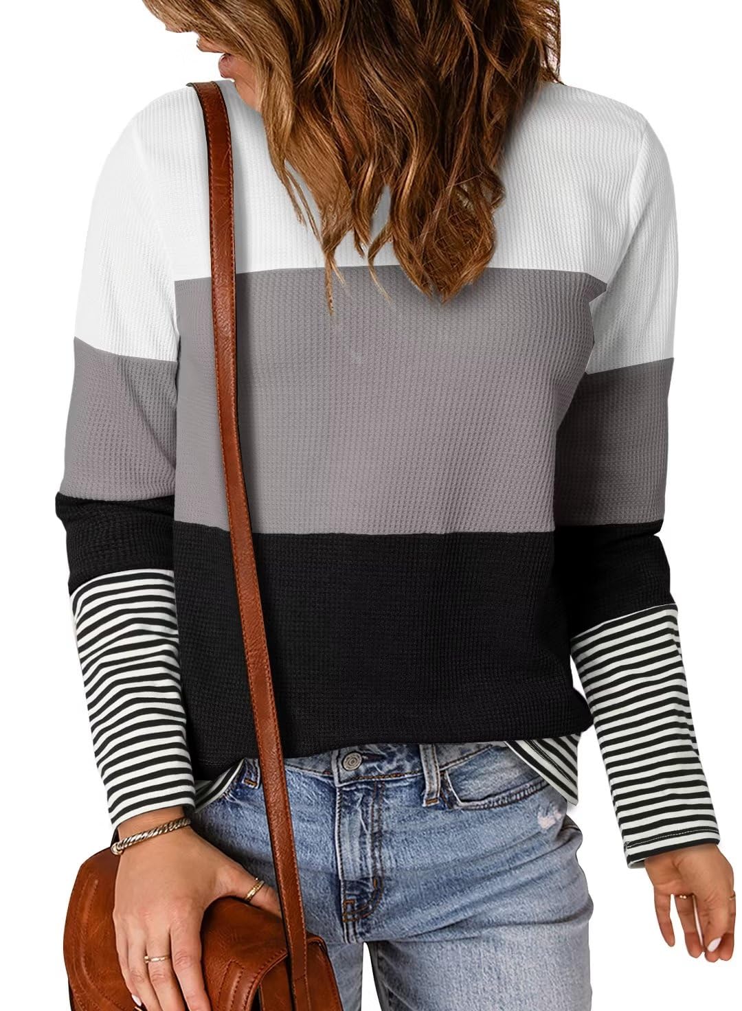 Dokotoo Women's Casual Long Sleeve Crewneck Pullover Sweater - Color Block Stripes Waffle Knit Top for Fall | Comfortable Everyday Wear, Office Outfits & Autumn Layering