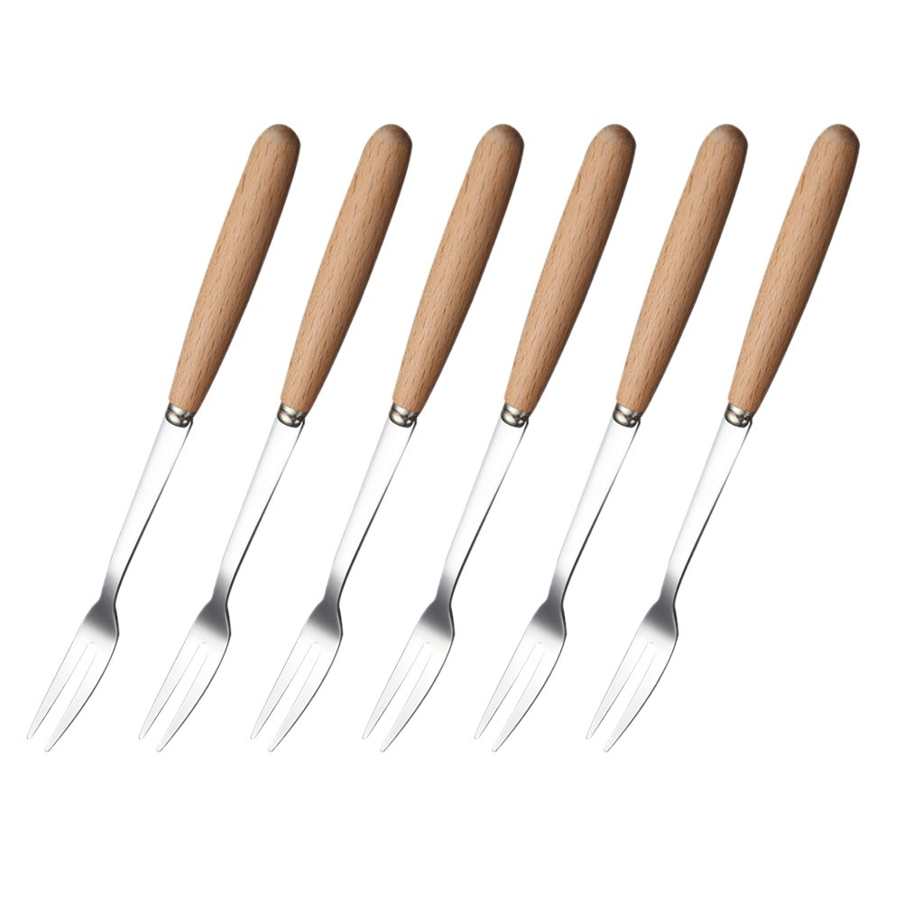 6-Piece Stainless Steel Two-Prong Forks with Wooden Handles - Perfect for Fruit, Cake, Appetizers & Desserts - Ideal for Parties, Picnics & Elegant Dining