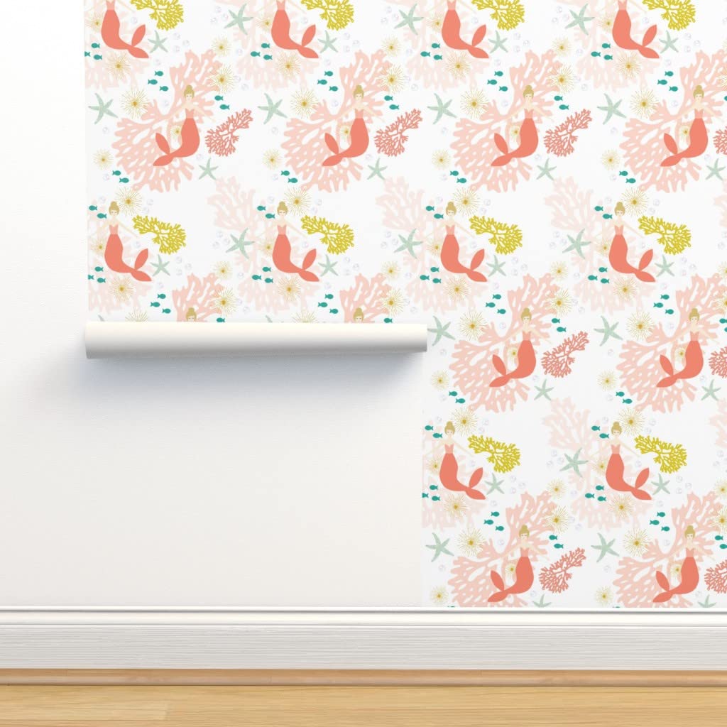 12ft x 2ft Coral Reef Mermaid Peel & Stick Wallpaper - Blonde Pink Ocean Waves Design | Removable Custom Wallpaper by Spoonflower | Perfect for Kids' Rooms, Bathrooms & Nursery Decor