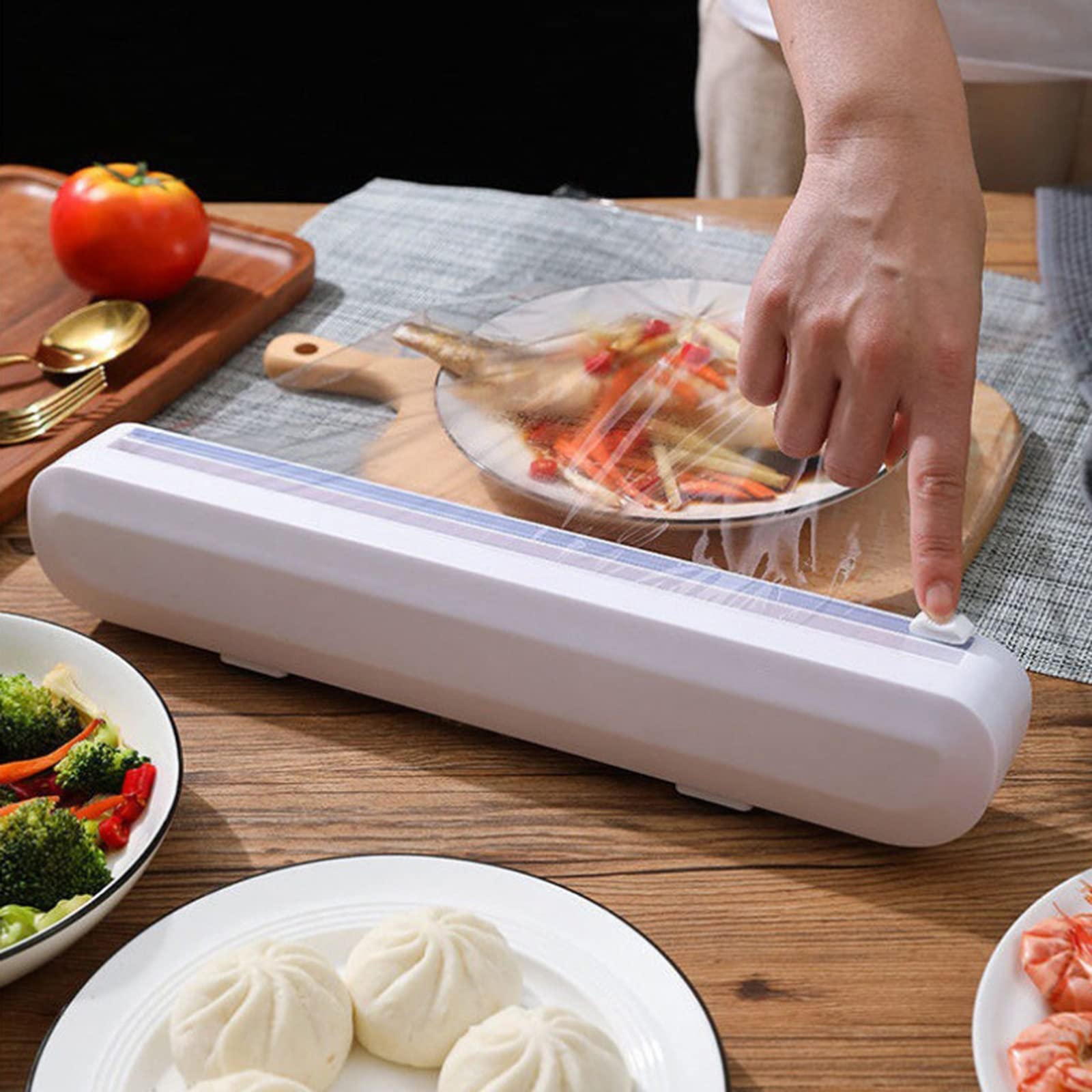 **Reusable Plastic Wrap Dispenser with Built-in Cutter - White Kitchen Drawer Organizer for Food Storage, Cling Film & Aluminum Foil - Space Saving & Hangable for Pantry, Office, or Dorm Use**