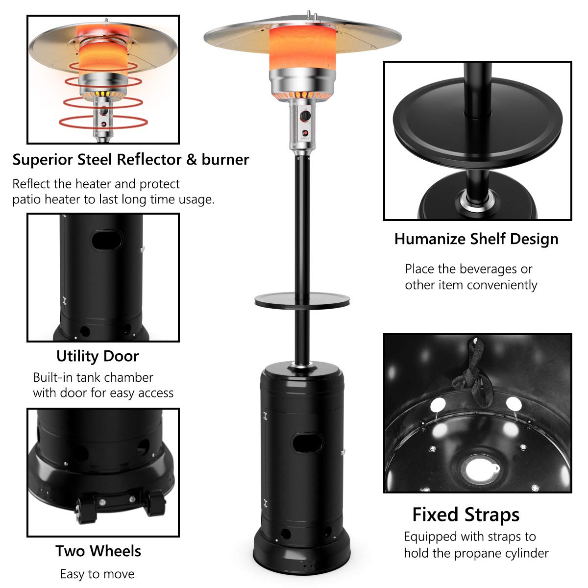 50,000 BTU Portable Propane Patio Heater with Wheels & Shelf Tabletop - Stainless Steel Burner, Auto Shut Off & Tip-Over Protection - Outdoor Heating for Backyard, Deck, Garden & Restaurant Use