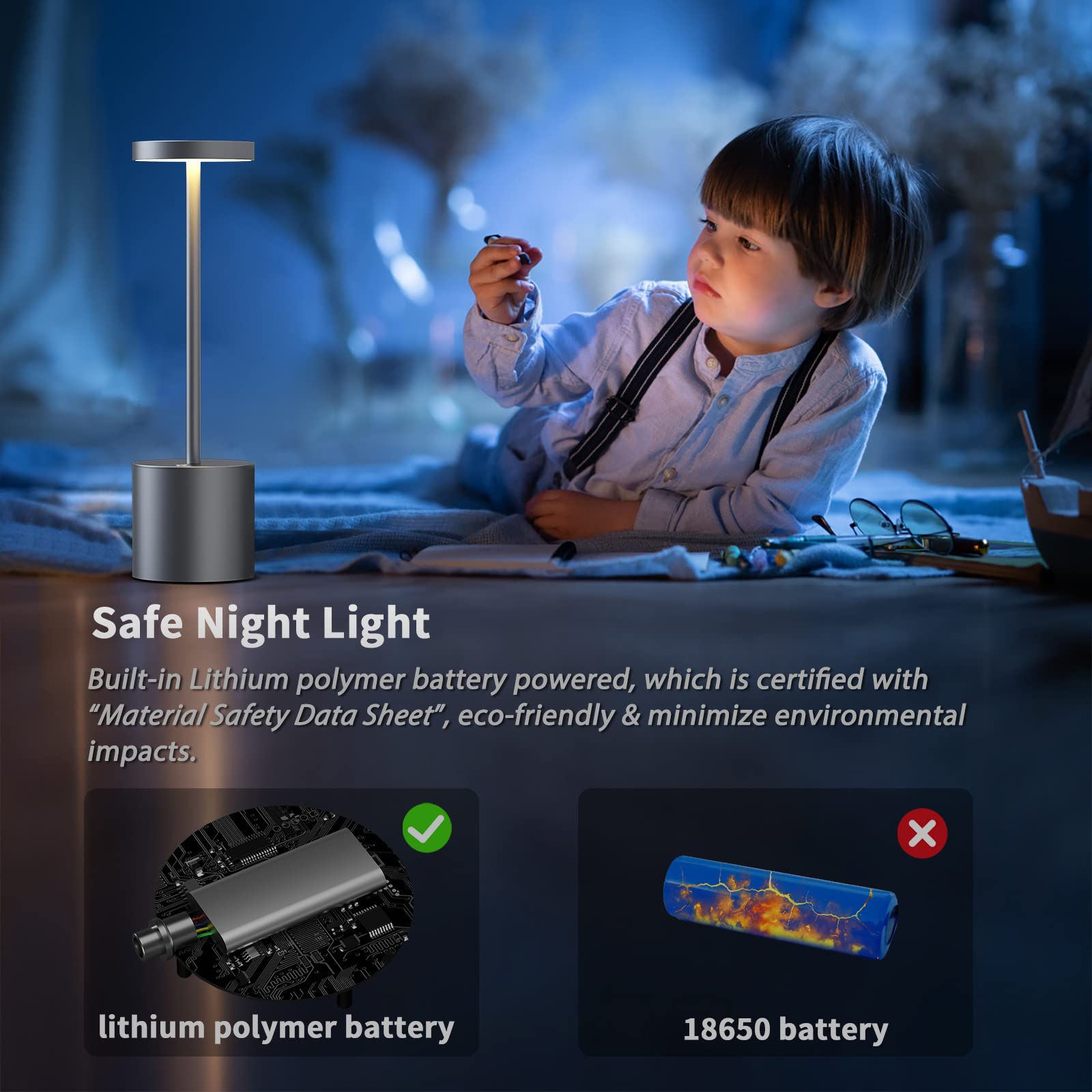 2 Pack Rechargeable LED Table Lamp - 5000mAh Battery Powered, USB Portable Desk Light with 3 Brightness Levels, Metal Base for Home Office, Restaurant & Outdoor Use (10.25 Inch, Grey)