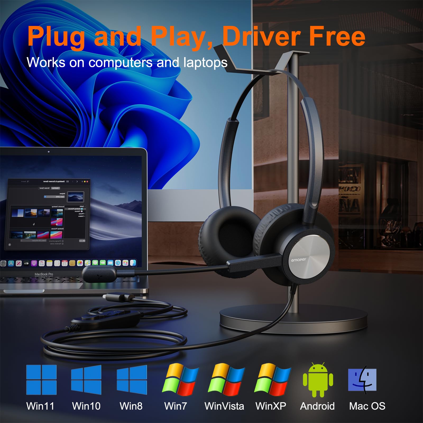 Noise Cancelling USB PC Headset with Microphone for Work & Office - Compatible with PC, Mac, Laptop - Ideal for Skype, Teams, Zoom, Webex, RingCentral, Dragon Dictation - Perfect for Remote Work, Online Meetings & Webinars