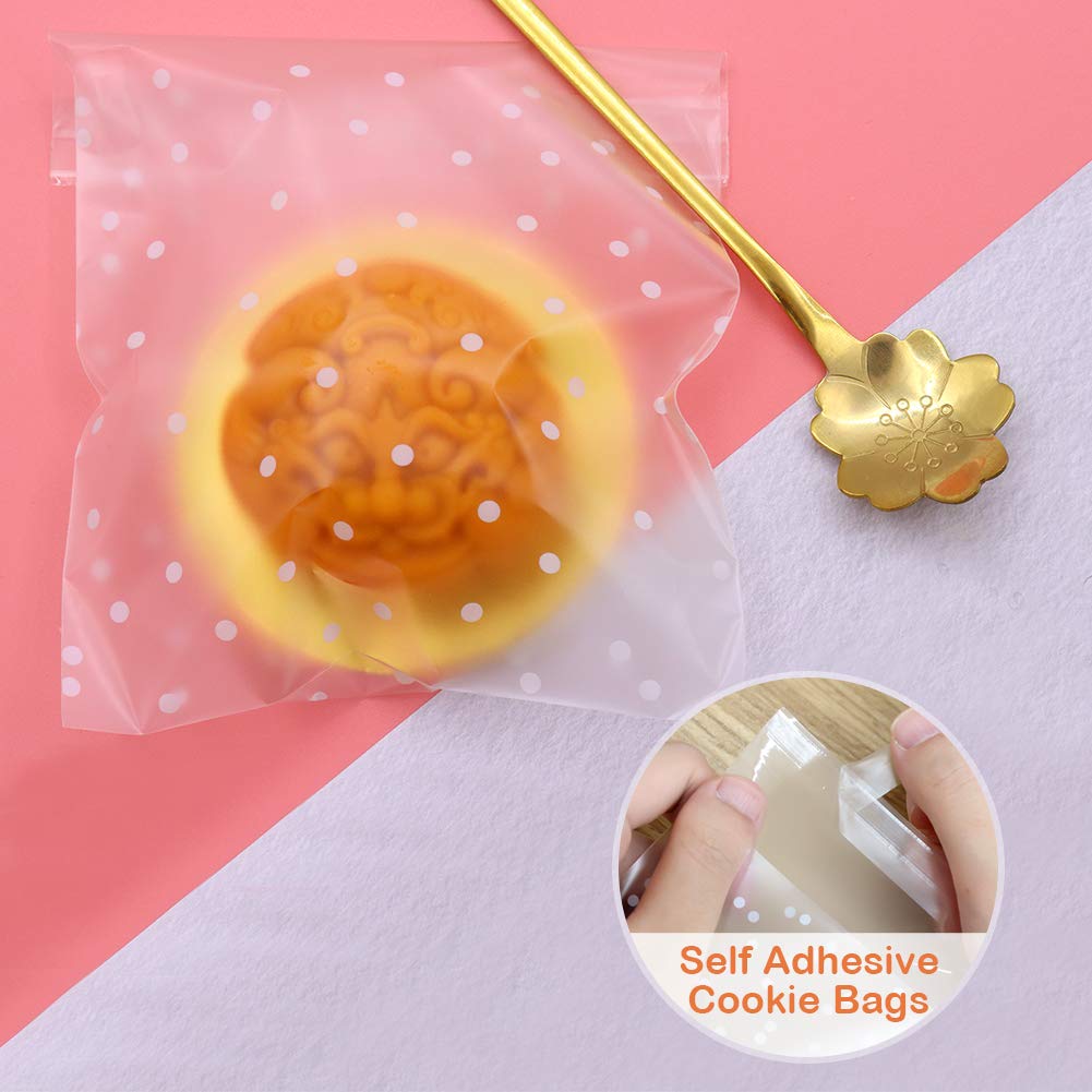 416Pcs Self Adhesive Cookie Bags with Thank You Stickers - 200 Cellophane Treat Bags + 216 Thank You Stickers - White Polka Dot Design for Gift Giving, Cookies, Chocolates - Perfect for Birthday Parties, Baby Showers & Wedding Favors