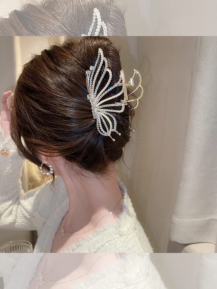 EPARTY - Large Butterfly Hair Clips for Women, Gold Metal Non-Slip Rhinestone Jaw Clips for Thick & Thin Hair - Perfect for Parties, Weddings & Everyday Styling