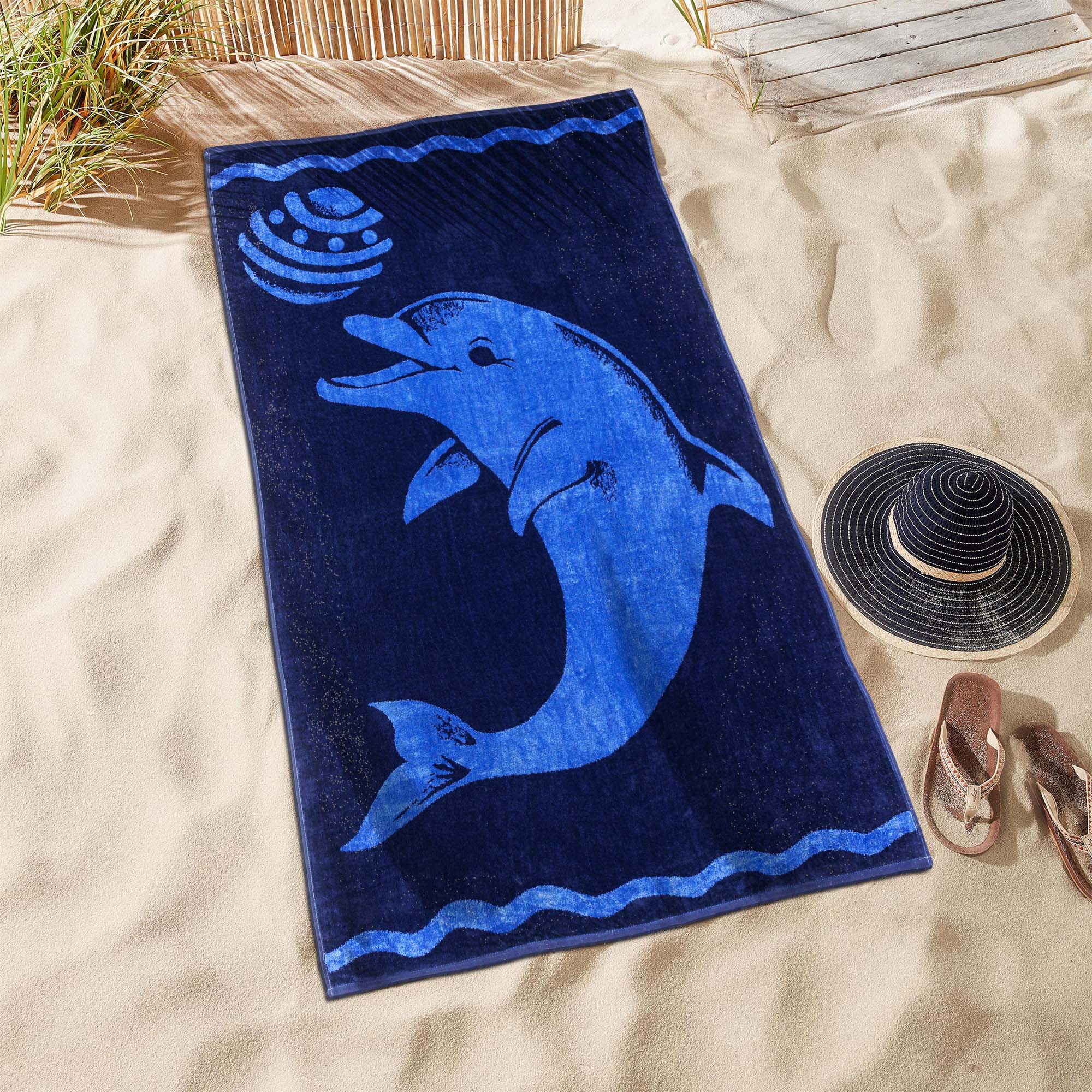 Premium Oversized Cotton Beach Towel Set - 4 Piece Soft & Absorbent Bath Towels for Pool, Beach, Gym & Travel - Play Dolphin Design