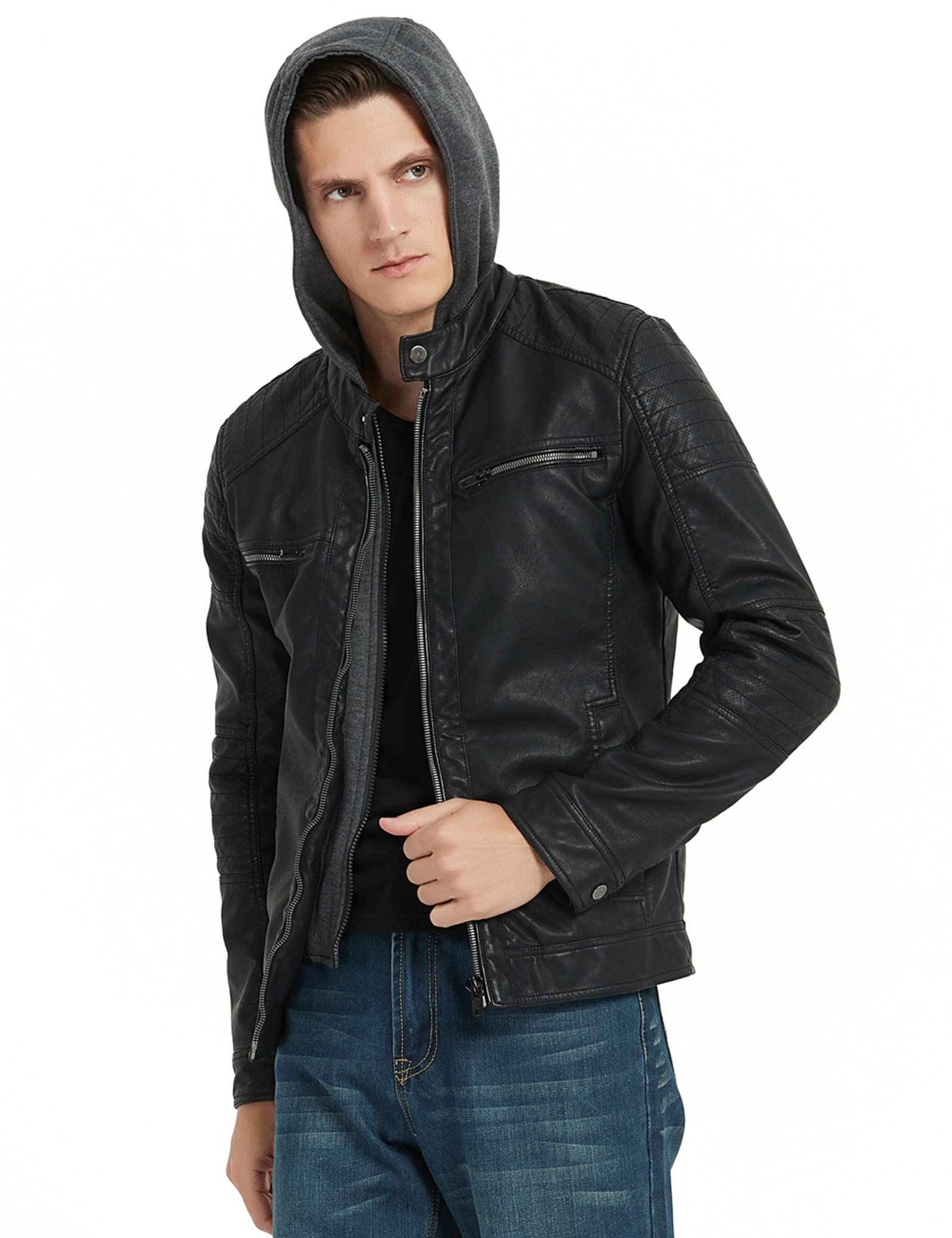 RISISSIDA Men's Faux Leather Bomber Jacket - Warm Double Zipper Coat with Detachable Hood for Fall, Winter & Spring | Stylish Outerwear for Casual Wear, Night Out & Motorcycle Riding
