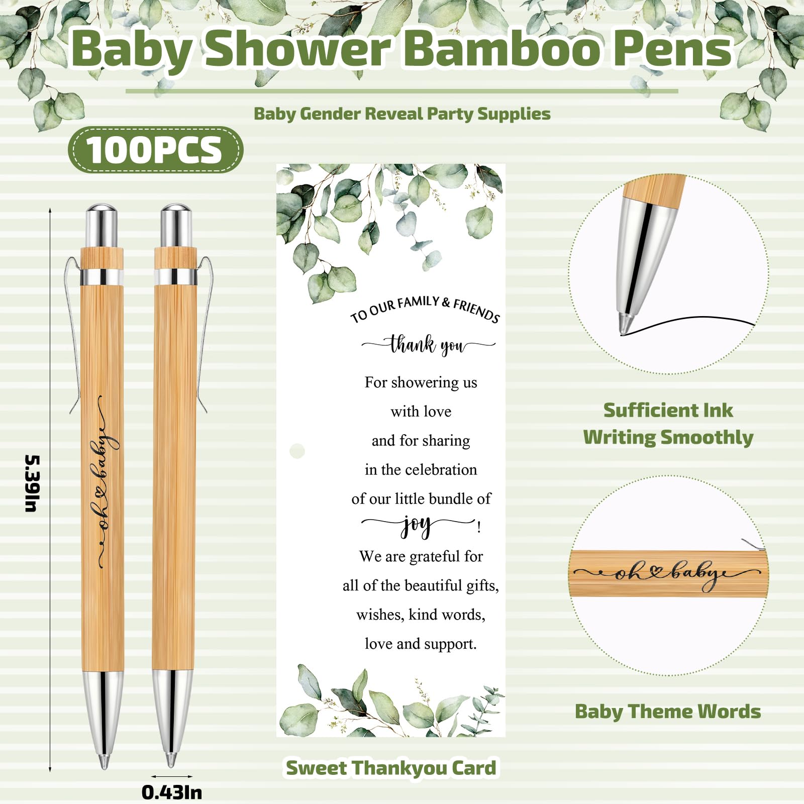 Yeaqee 100 Sets Woodland Safari Baby Shower Favors - Greenery Themed Guest Gifts with Retractable Bamboo Pens, Gender Reveal Cards & Souvenirs - Perfect for Baby Showers, Gender Reveal Parties & Thank You Prizes