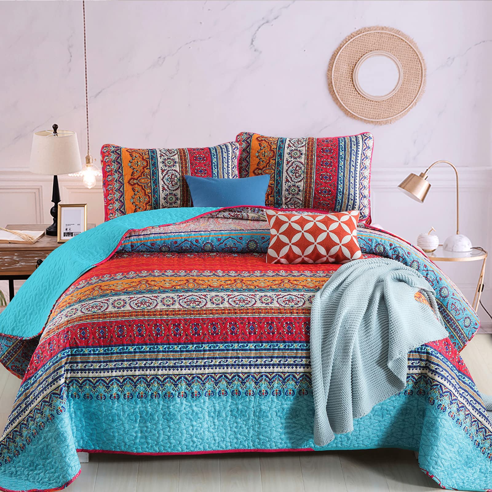 WONGS BEDDING King Size Boho Quilt Set - Blue Bohemian Style Lightweight Bedspread (3 Pieces, 103