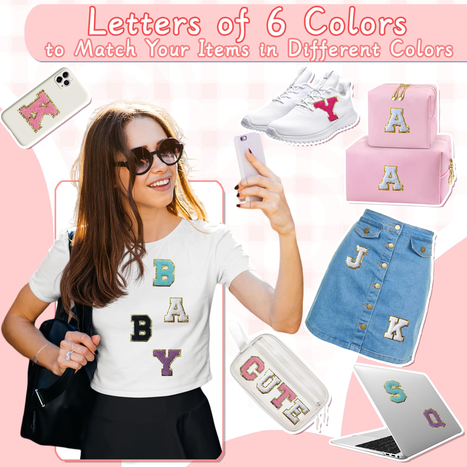 6 Pcs Self-Adhesive Chenille Letter Patches for Bags & Clothes - 2 Inch Preppy Varsity Style Iron-On Letters - Large Decorative Stickers for Laptop, Phone Case, Fridge, Hats & DIY Crafts - Perfect for School, Sports & Home Decor