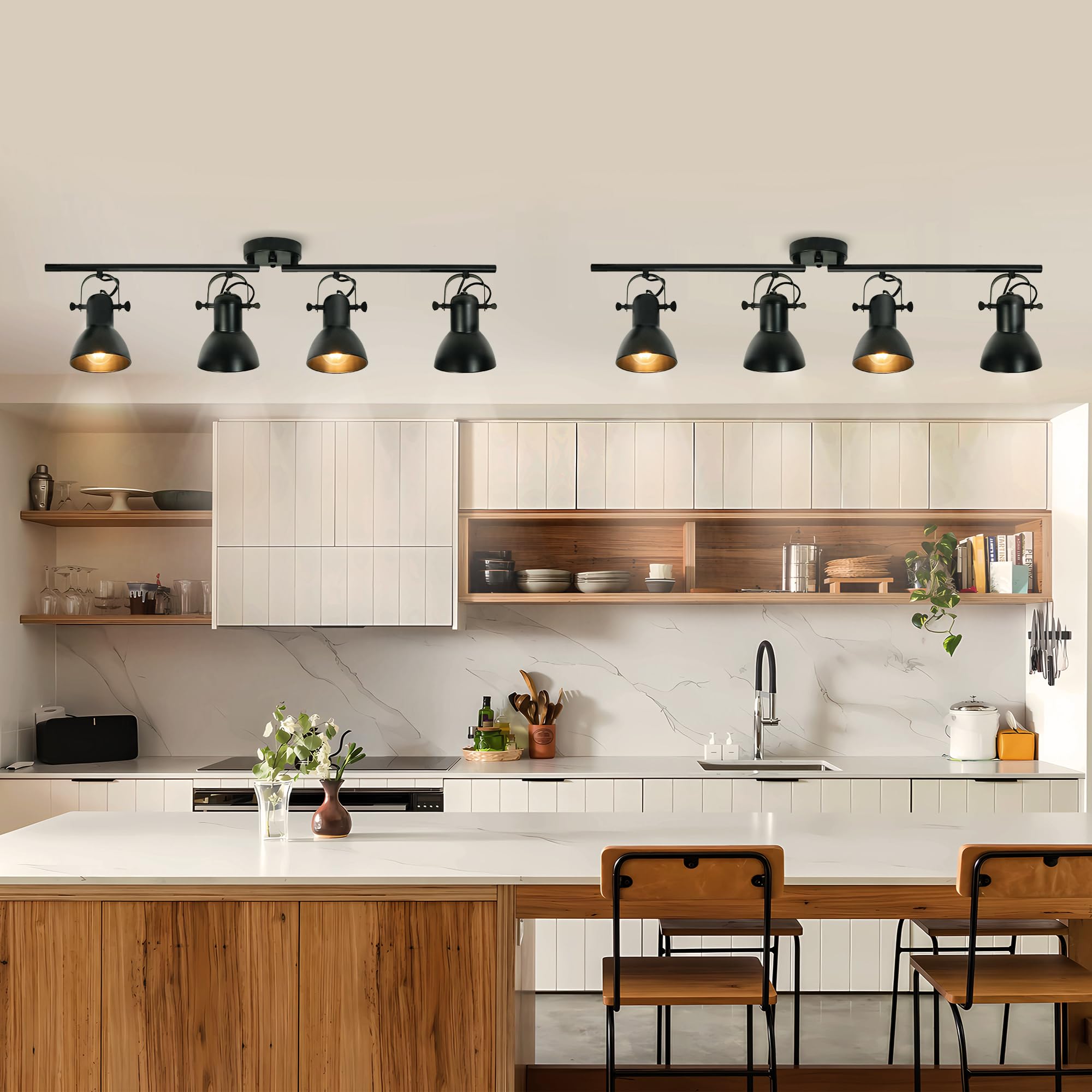 Black Adjustable Track Lighting Kit - 4 Light Ceiling Fixture for Kitchen, Living Room, Office & Commercial Spaces | Dimmable Industrial Lighting for Galleries, Malls & Billiard Tables | Easy Angle Adjustment & Modern Design