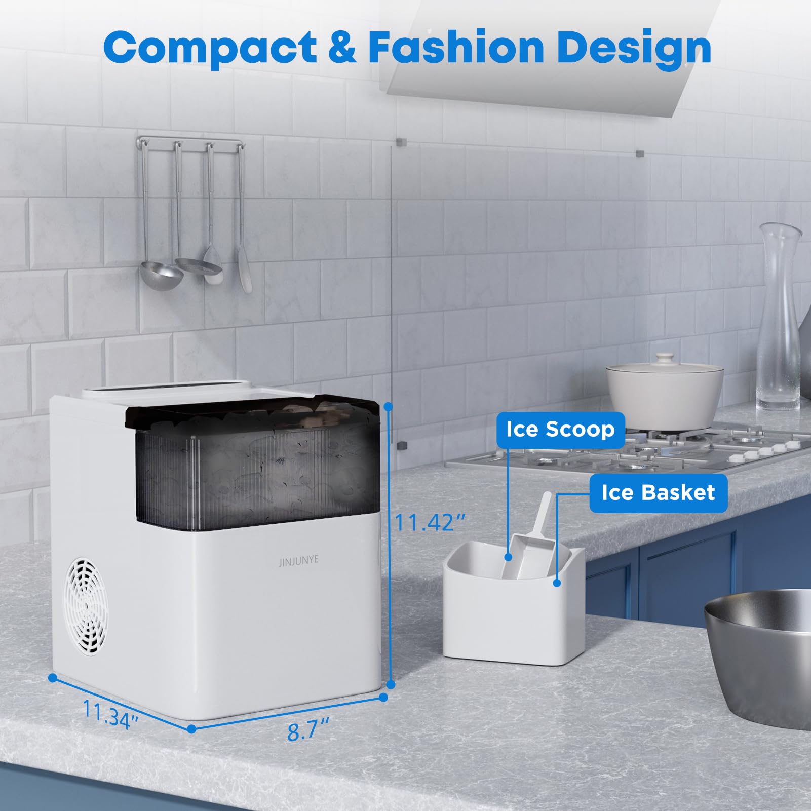 Portable Ice Maker Machine for Countertop - 35lbs/Day, 9 Ice Cubes in 6 Minutes, Self-Cleaning with 2 Ice Cube Sizes (Bullet & Cube) & Scoop - Perfect for Home Kitchen, Office, RV Camping & Outdoor Parties (White)