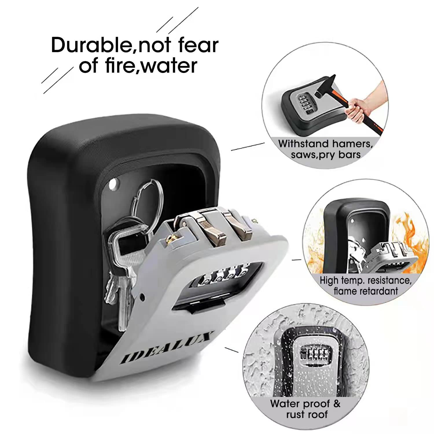 Wall Mounted Key Lock Box with 4-Digit Resettable Code - Weatherproof Key Storage Safe for 5-8 Keys - Home & Outdoor Security Lock Box for Spare Keys, Vacation Rentals, and Airbnb Properties