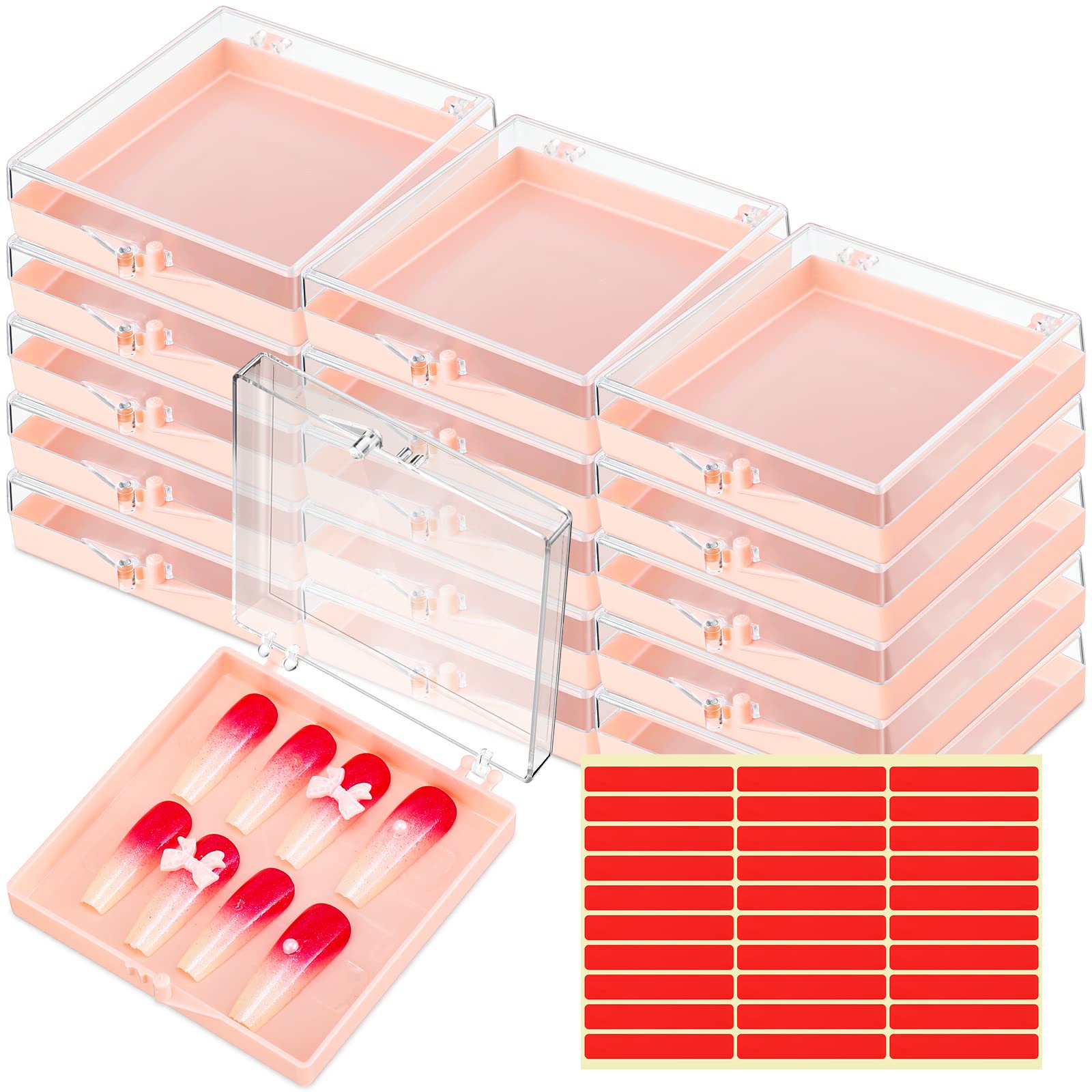 Landhoow 15 Pcs Press On Nail Boxes - Acrylic Nail Display Case with 30 Adhesive Tapes, Artificial Press On Nail Storage Organizer for Salon & Home Use (Pink) - Perfect for Nail Artists, DIY Manicures & Gift Packaging