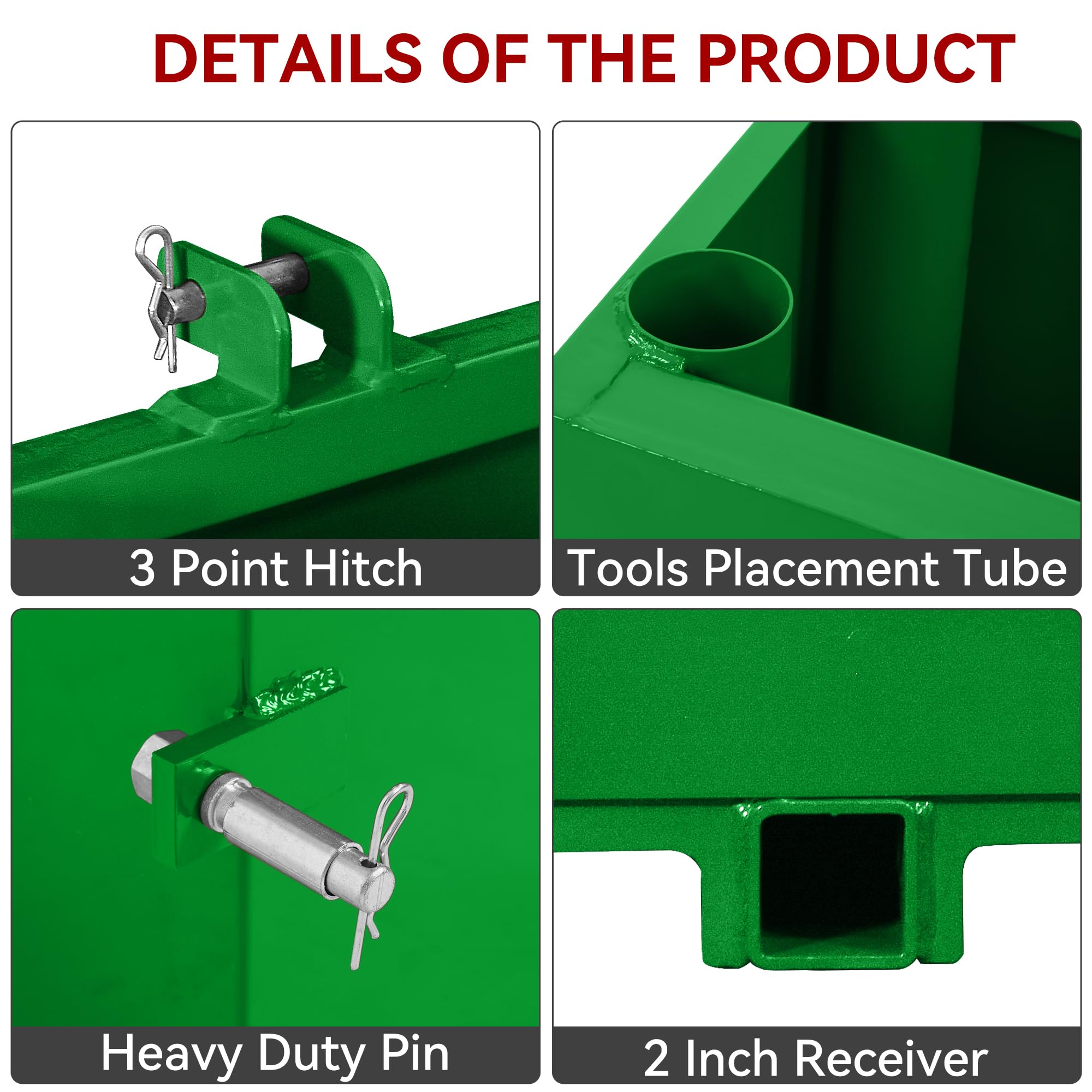 YITAMOTOR 800lbs 3 Point Hitch Ballast Box for Category 1 Tractor - Heavy Duty Weight Box with 2'' Quick Trailer Hitch Receiver (Green) - Perfect for Tractor Stability, Counterbalance & Farm Equipment Transport
