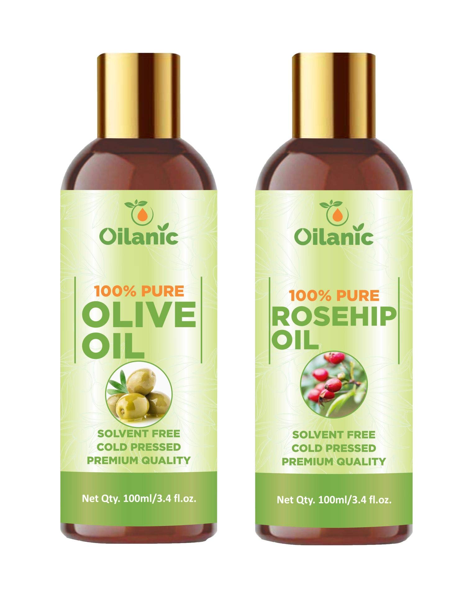 Oilanic 100% Pure & Natural Olive Oil & Rosehip Oil Combo Pack - 2 Bottles (100ml Each, Total 200ml) for Skin Care, Hair Growth & Anti-Aging | Face, Body & Massage Oil