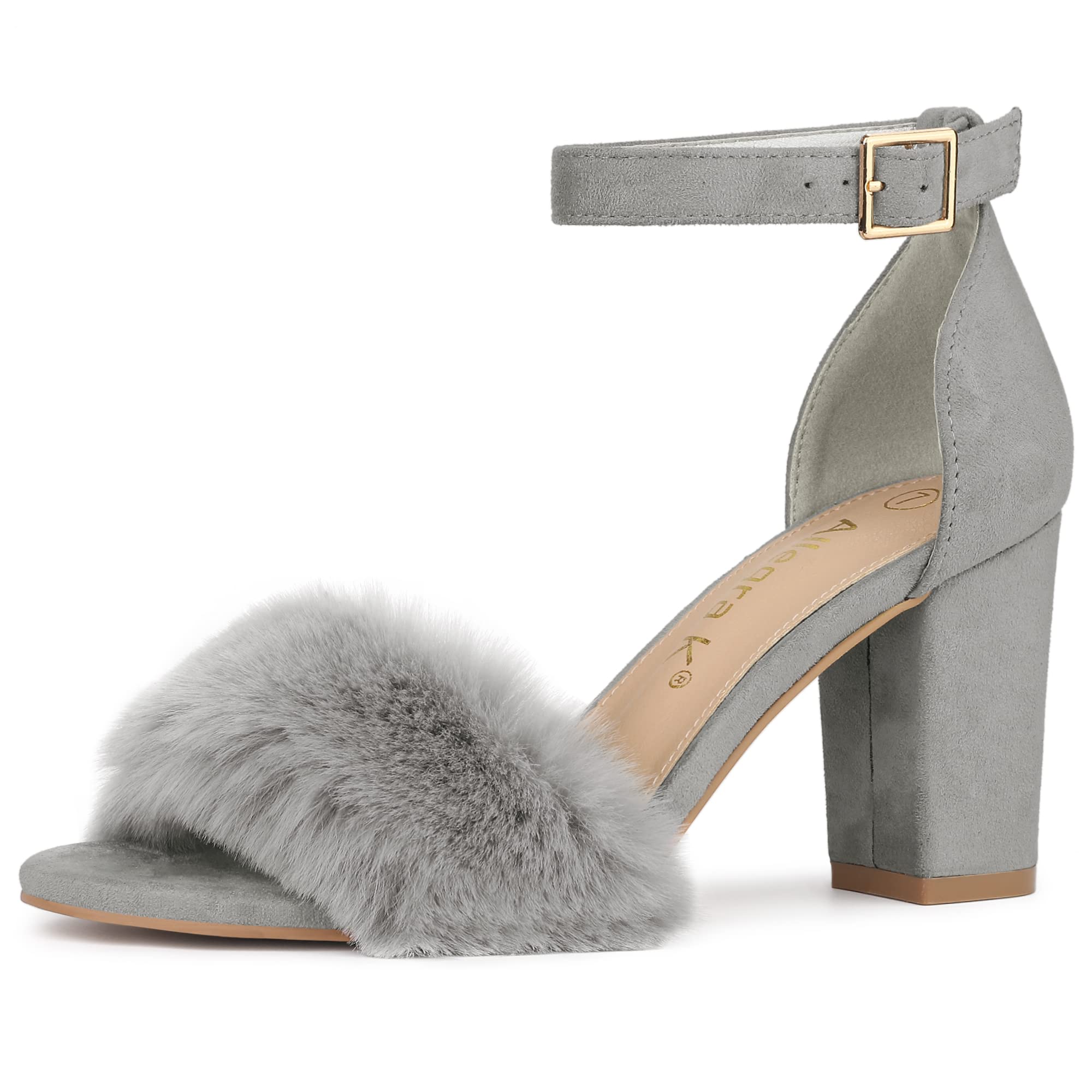 Allegra K Women's Faux Fur Ankle Strap Block Heel Sandals - Comfortable Dress Shoes for Parties, Weddings & Evening Events