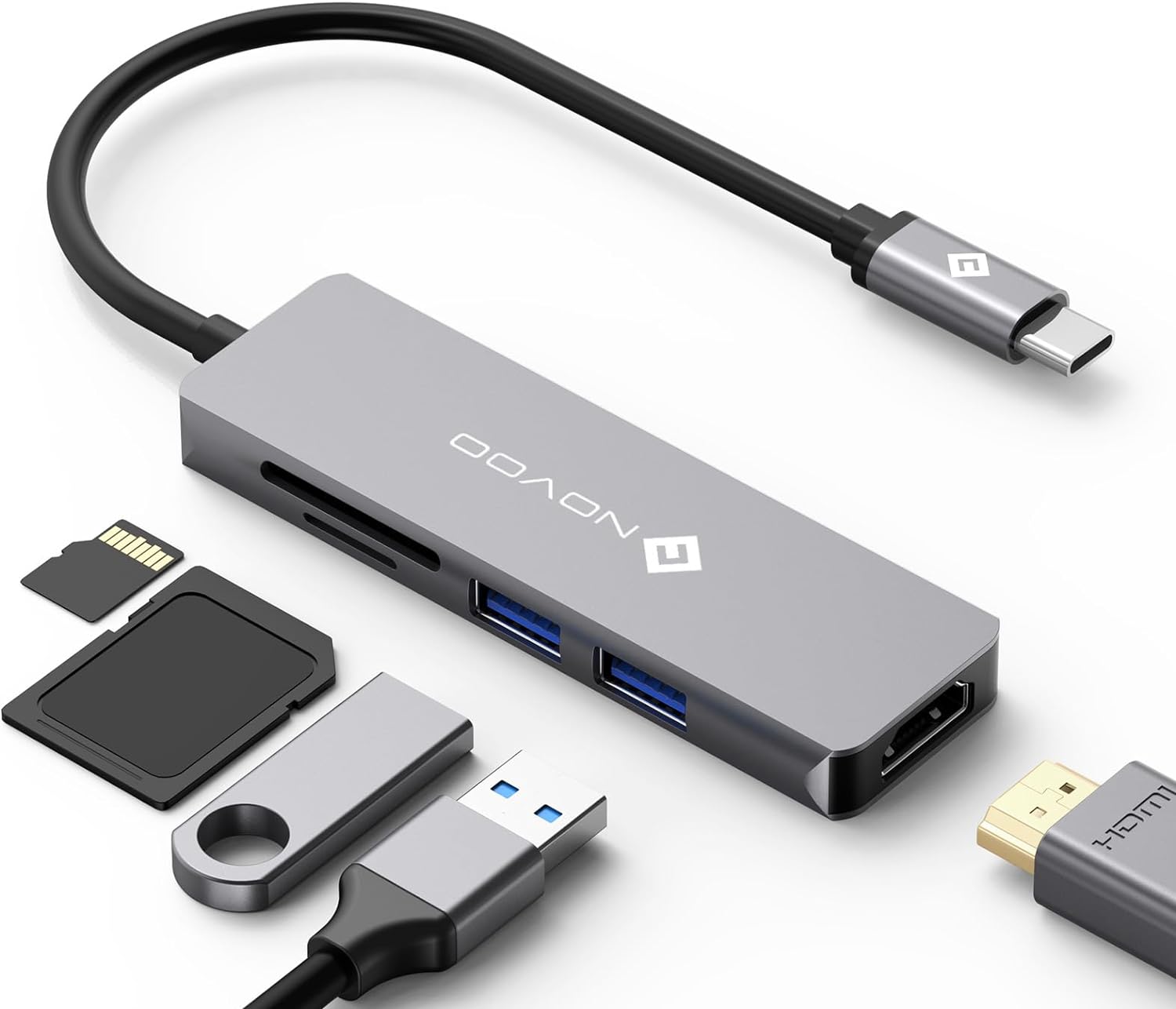 NOVOO 5-in-1 USB C Hub with HDMI, USB 3.0, SD/TF Card Reader - Portable Multi-Port Adapter for MacBook, Chromebook, iPad Pro - Perfect for Home Office, Travel & Video Conferencing