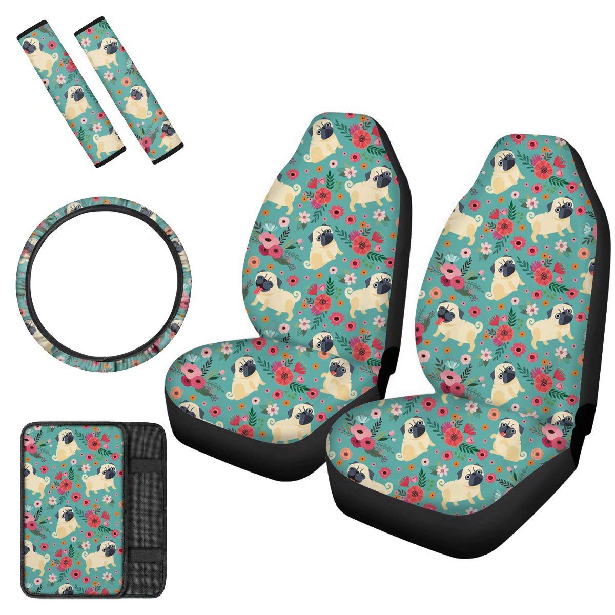 Allcute Floral Pug Dog Car Seat Cover Set - Non-Slip Pet Blanket with 15