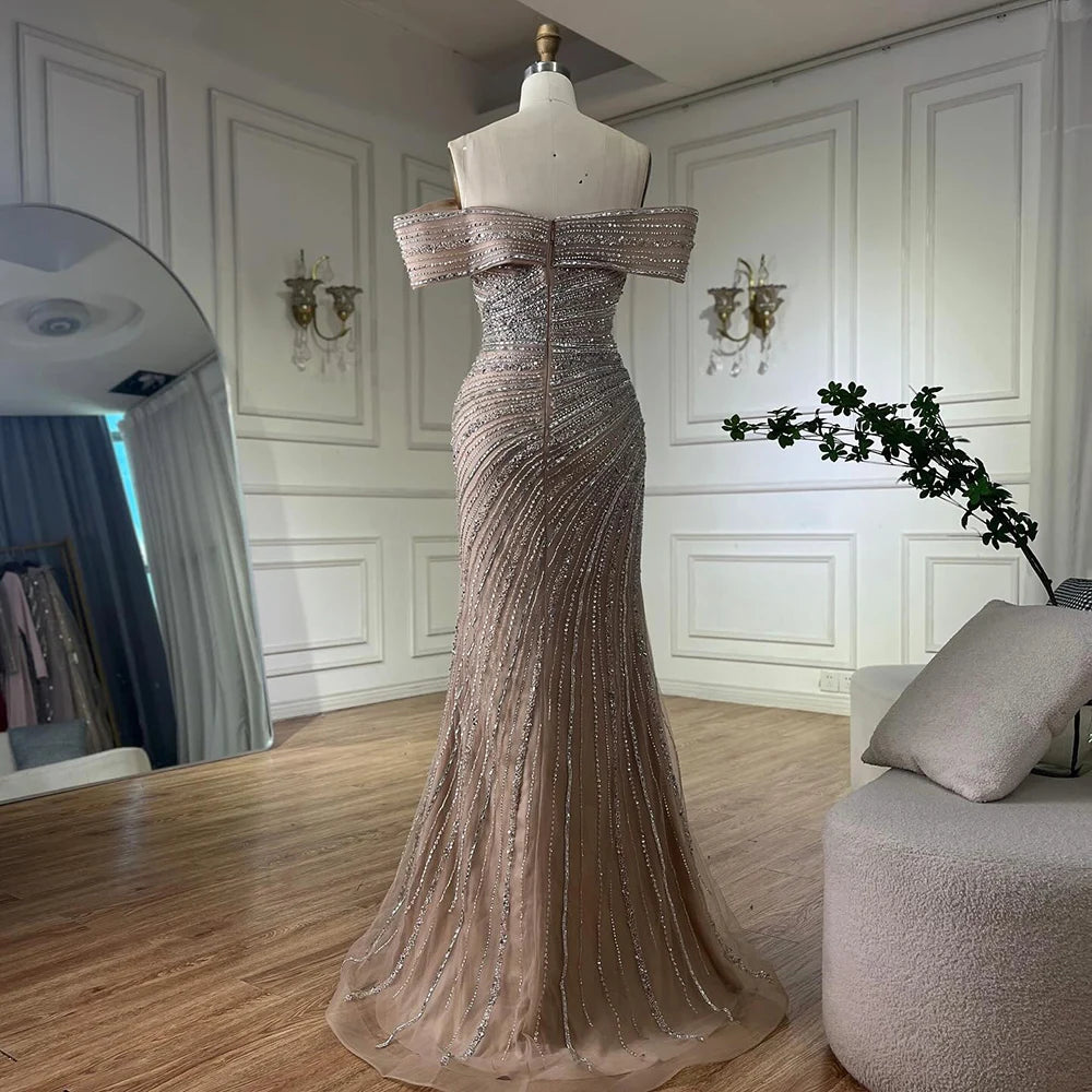 Luxury Dubai Arabic Silver Nude Mermaid Beaded Evening Gown with High Slit for Formal Occasions, Weddings, Parties & Special Events - Saudi LA72481A