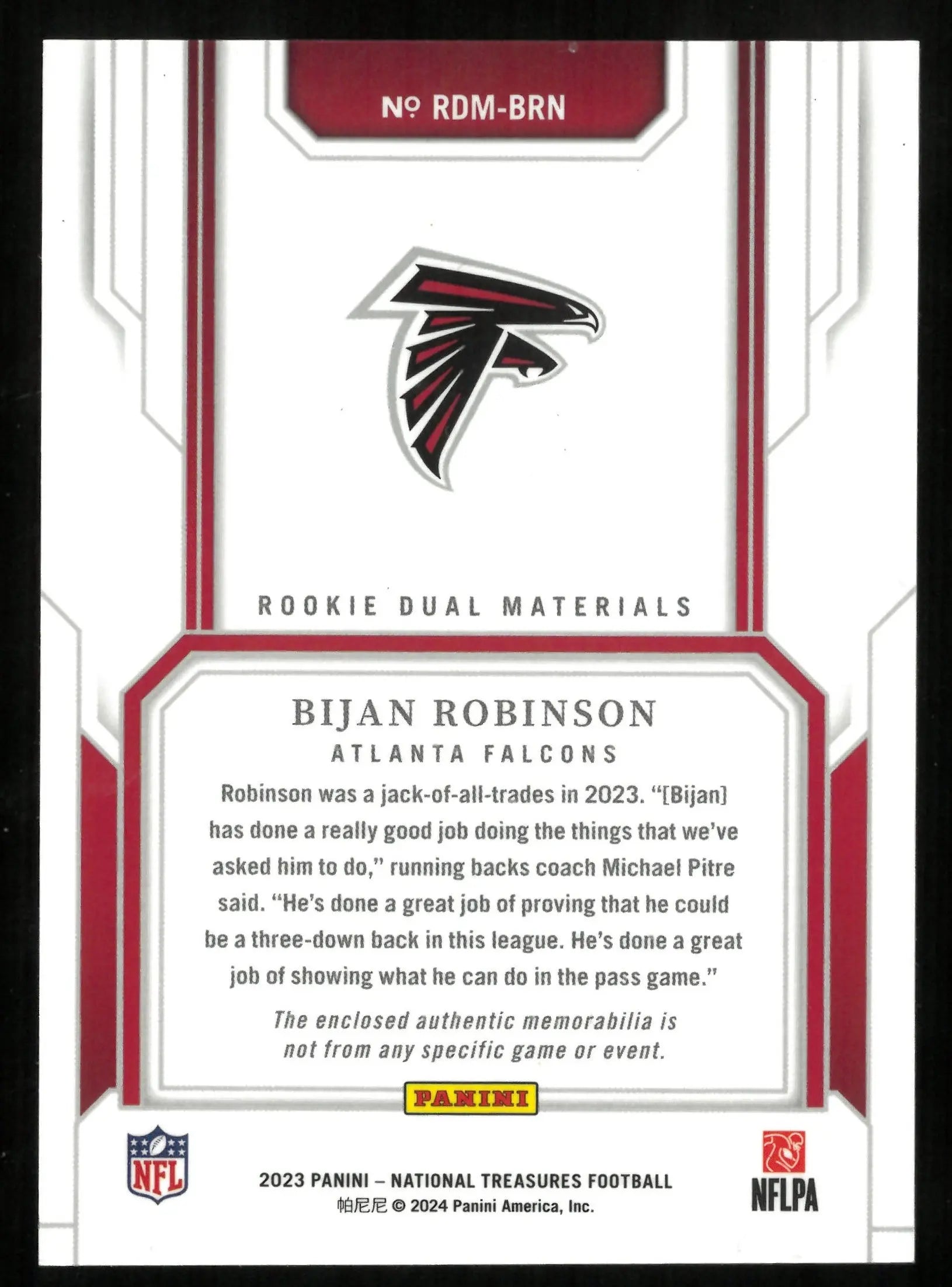 2023 Panini National Treasures Bijan Robinson Rookie Card Purple Dual Patches 7/49 - NFL Collectible for Fans & Investors, Perfect for Display & Trading