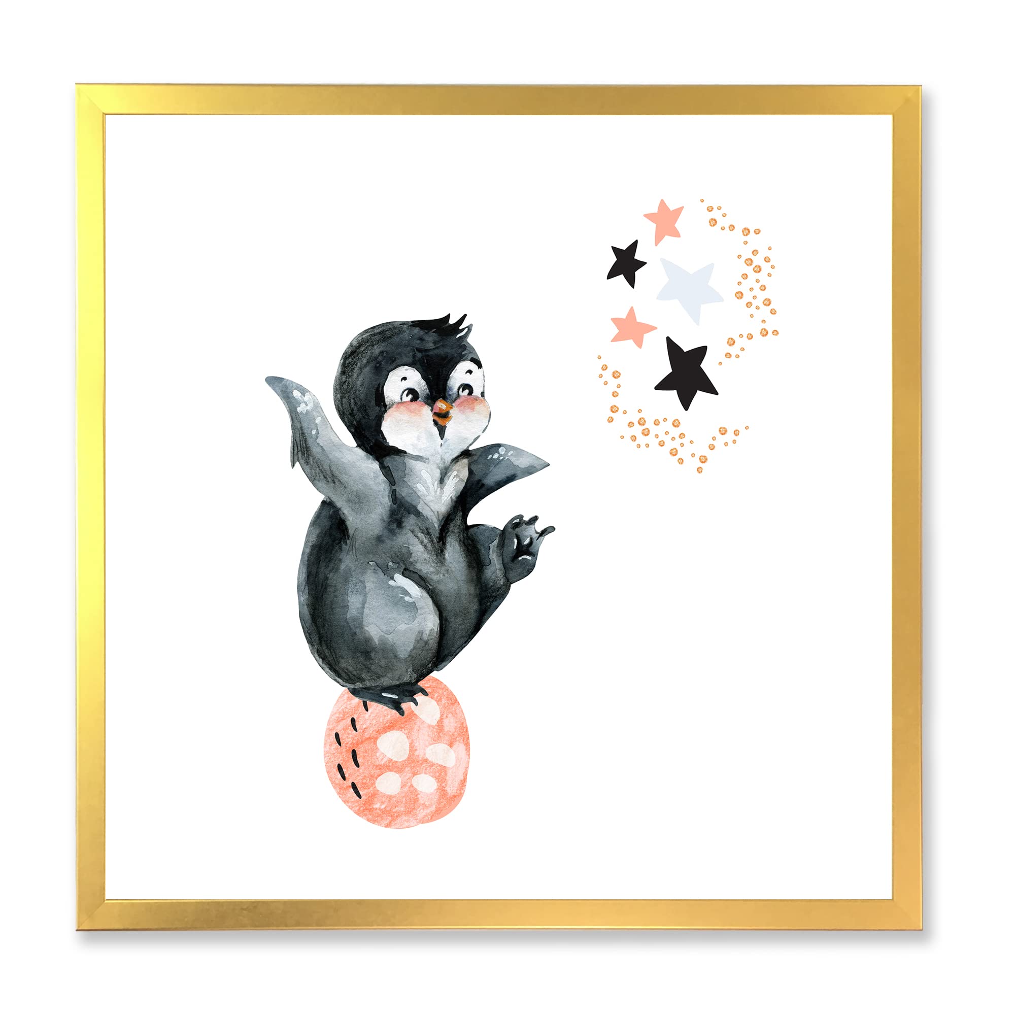 DesignQ Little Penguin With Stars and Planets II Farmhouse Framed Wall Art - Nursery Decor, Kids Room Wall Art, Living Room Decor for Home & Office