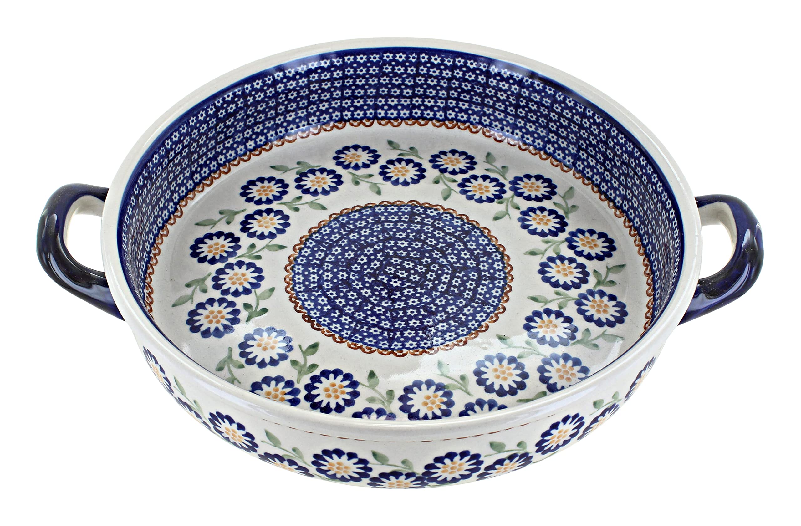Blue Rose Polish Pottery Peach Blossom Small Round Baking Dish with Handles - Perfect for Casseroles, Pies & Serving Dishes