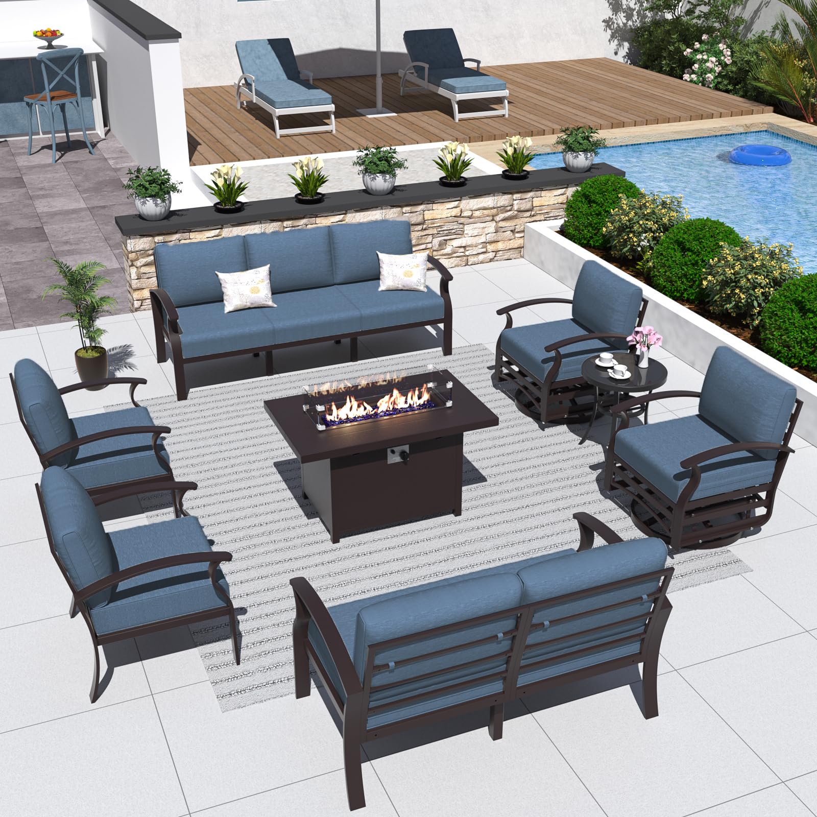 ALAULM 9-Piece Aluminum Outdoor Patio Furniture Set with Propane Fire Pit Table - Dark Blue Metal Sectional Sofa with 5.1