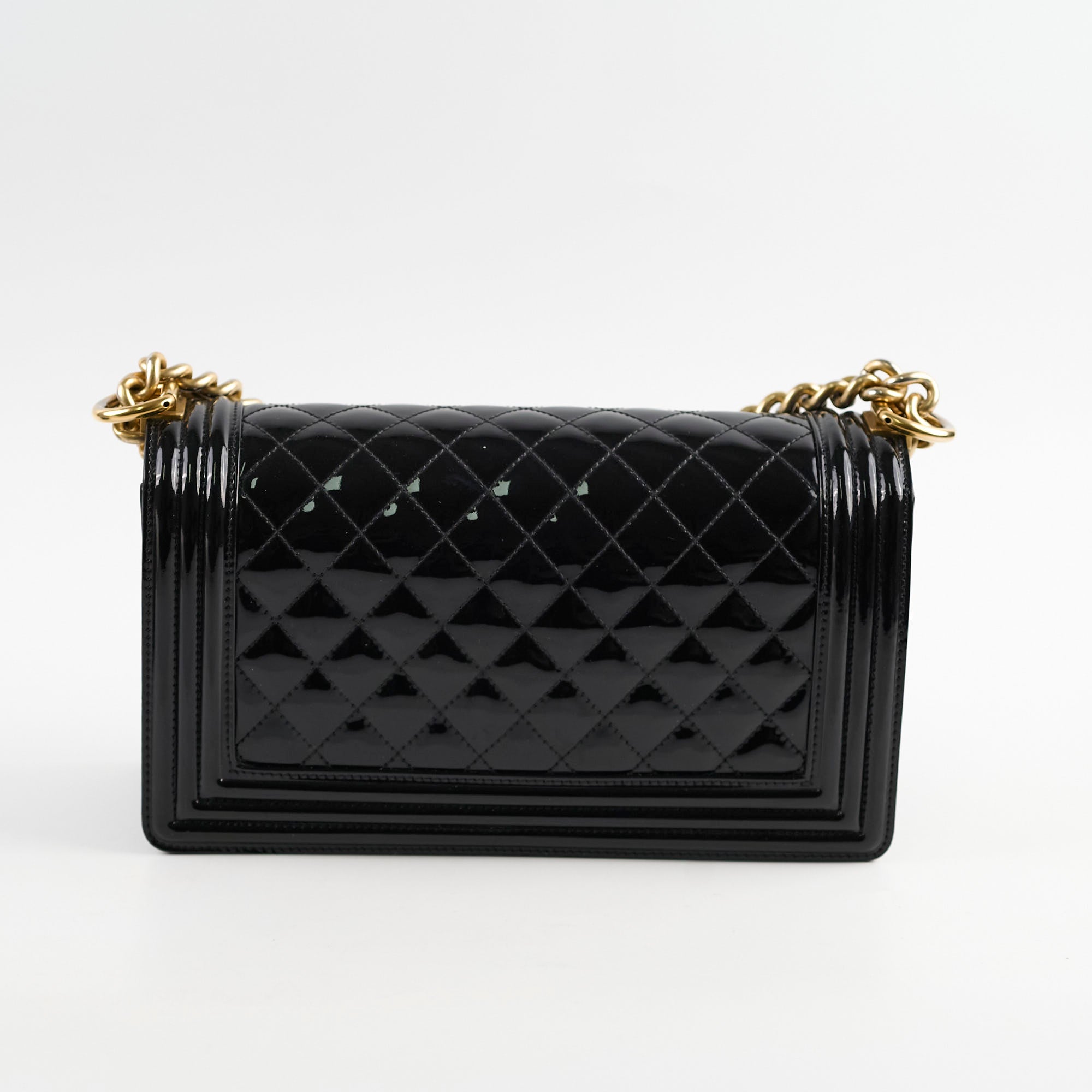 Chanel Old Medium Boy Bag Black Patent Leather Crossbody Bag - Luxury Designer Handbag for Women, Perfect for Parties, Dates & Evening Events