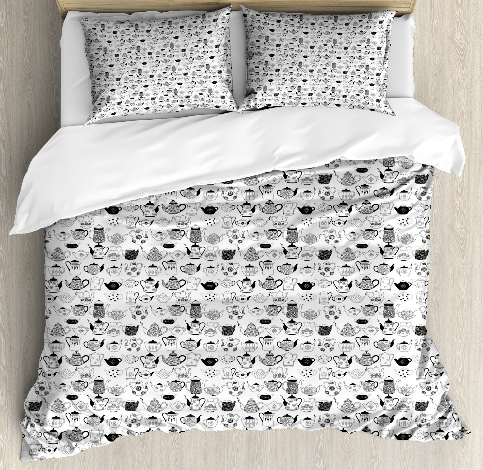 Ambesonne Tea Party Duvet Cover Set - Floral Tea Cup Pattern Black & White 3-Piece Queen Size Bedding with 2 Pillow Shams | Vintage Kitchenware Theme for Bedroom Decor, Perfect for Tea Lovers & Cozy Home Styling