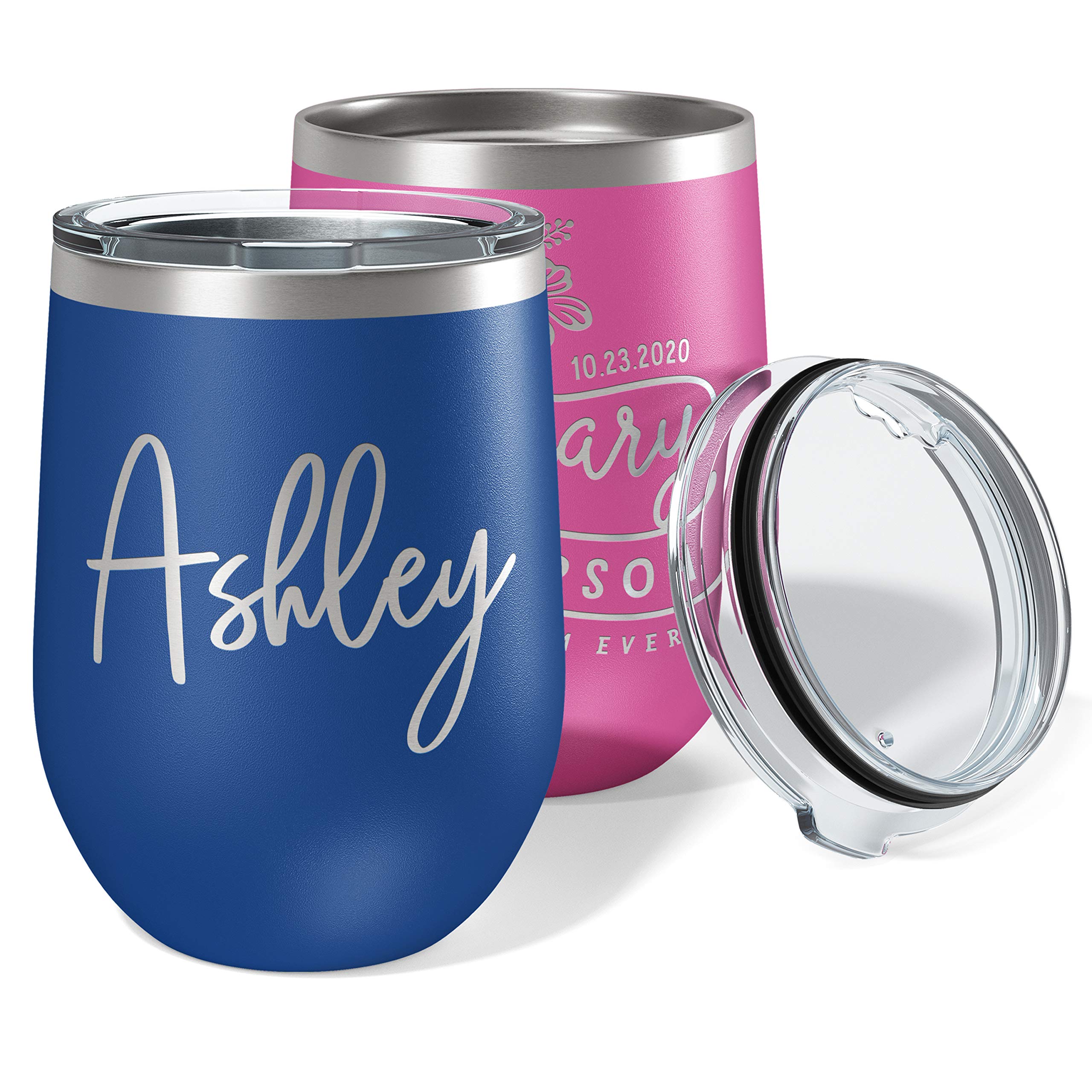 Personalized 12 Oz Stainless Steel Insulated Wine Tumbler with Lid - Royal Blue Custom Engraved Cup - Perfect Gift for Women, Birthday, Anniversary & Bridal Party Favors